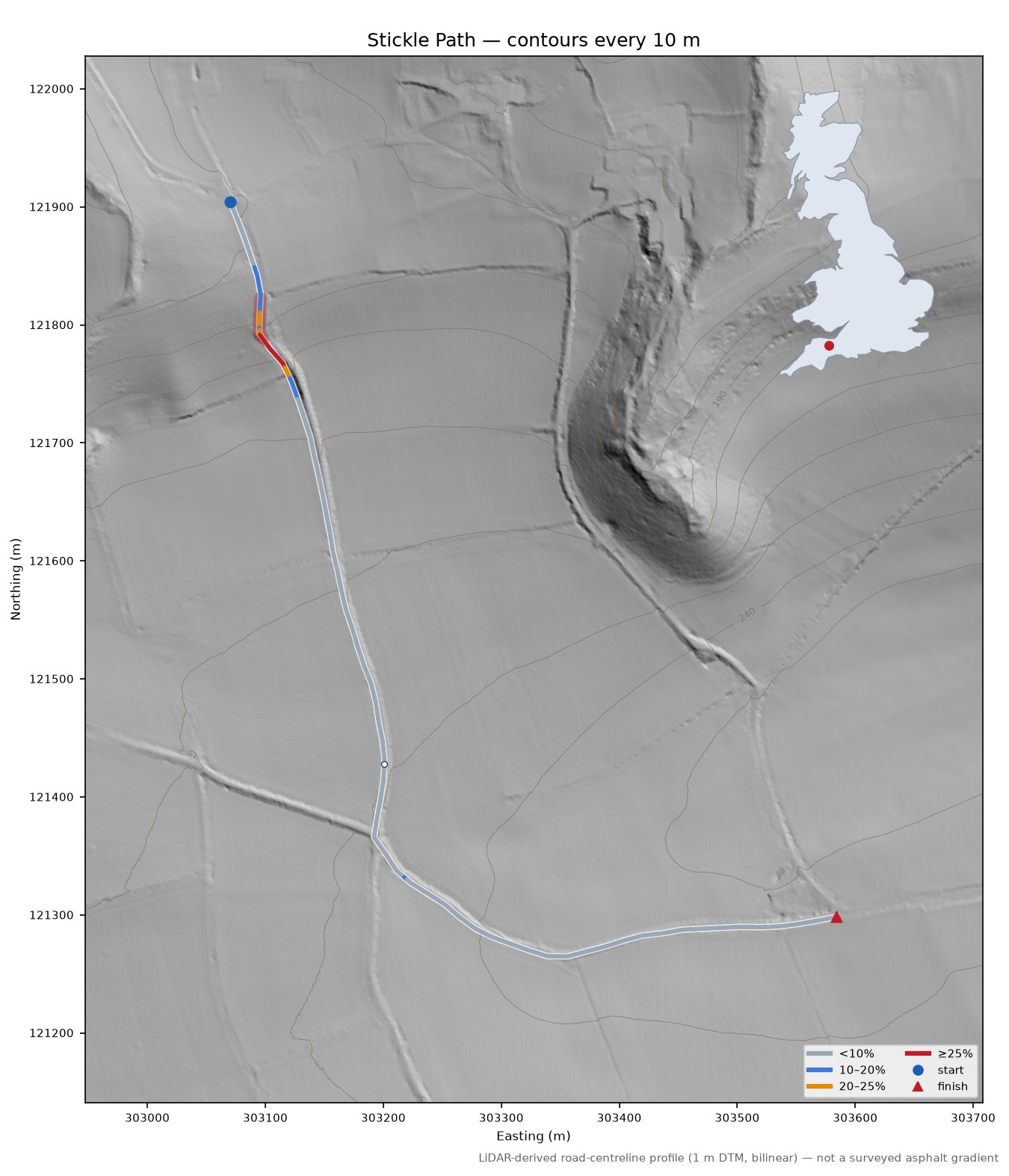 Stickle Path LiDAR hillshade map with contours