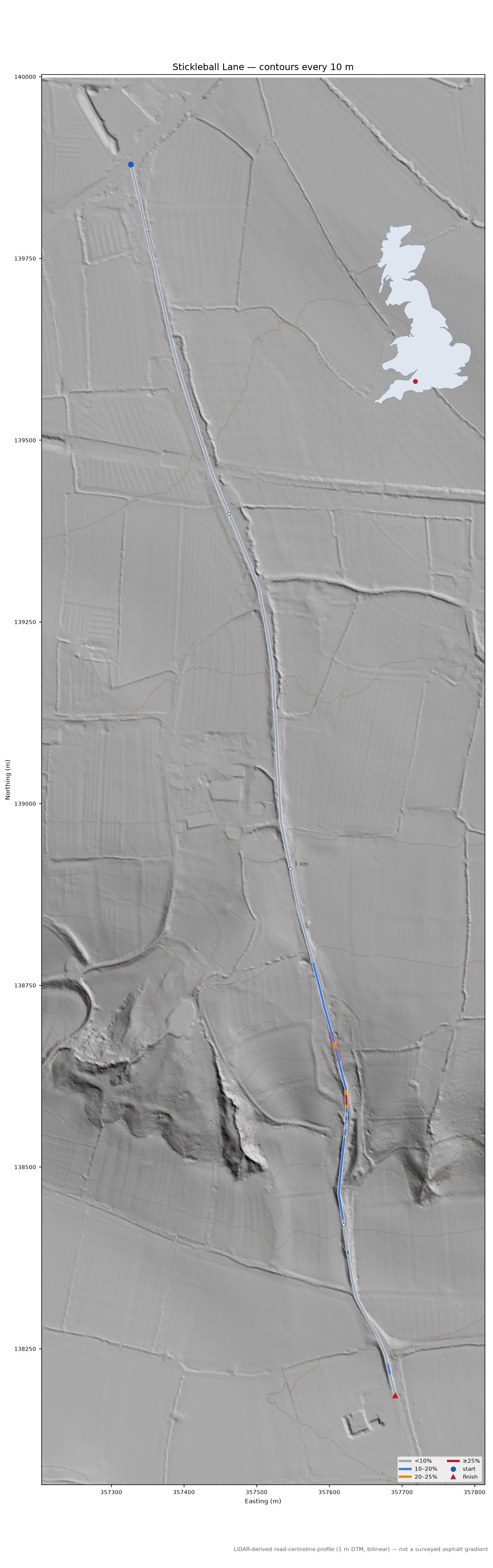 Stickleball Lane LiDAR hillshade map with contours