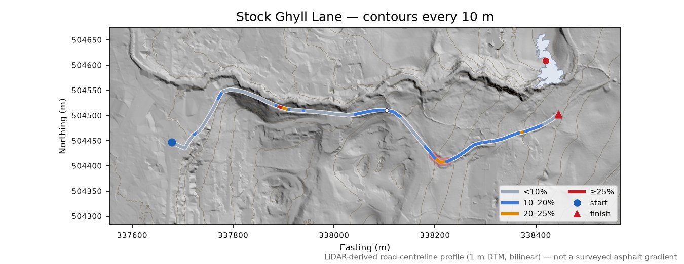 Stock Ghyll Lane LiDAR hillshade map with contours