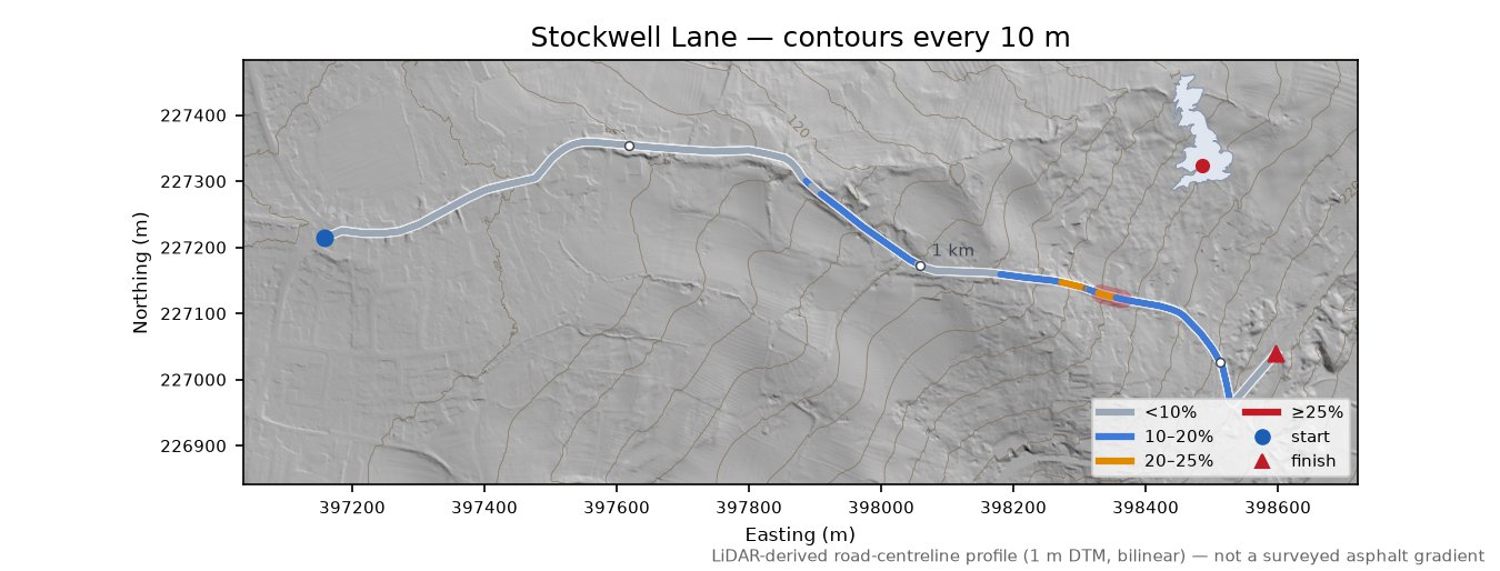 Stockwell Lane LiDAR hillshade map with contours