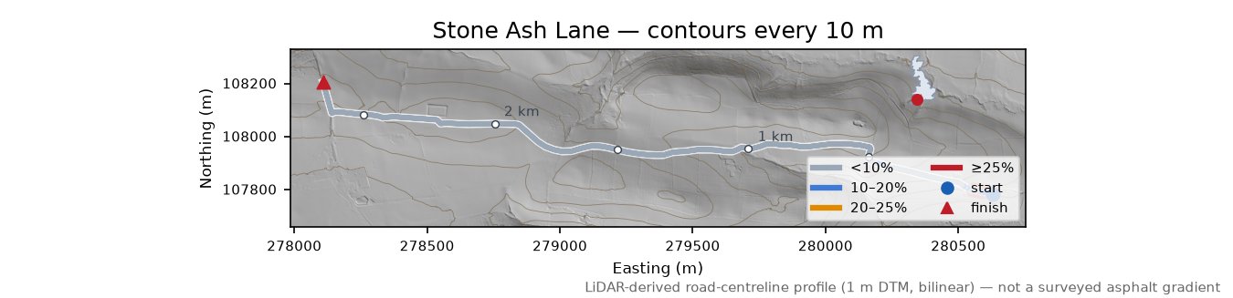 Stone Ash Lane LiDAR hillshade map with contours