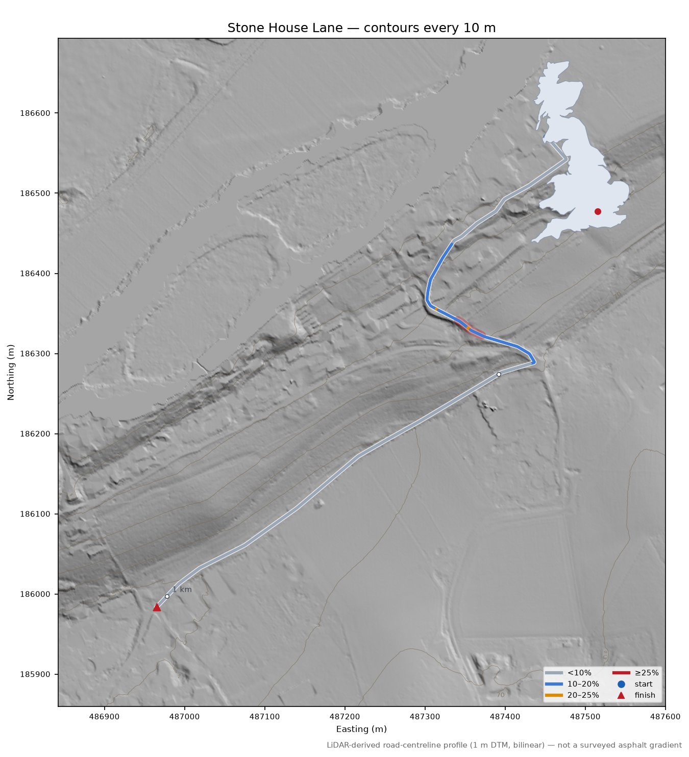 Stone House Lane LiDAR hillshade map with contours
