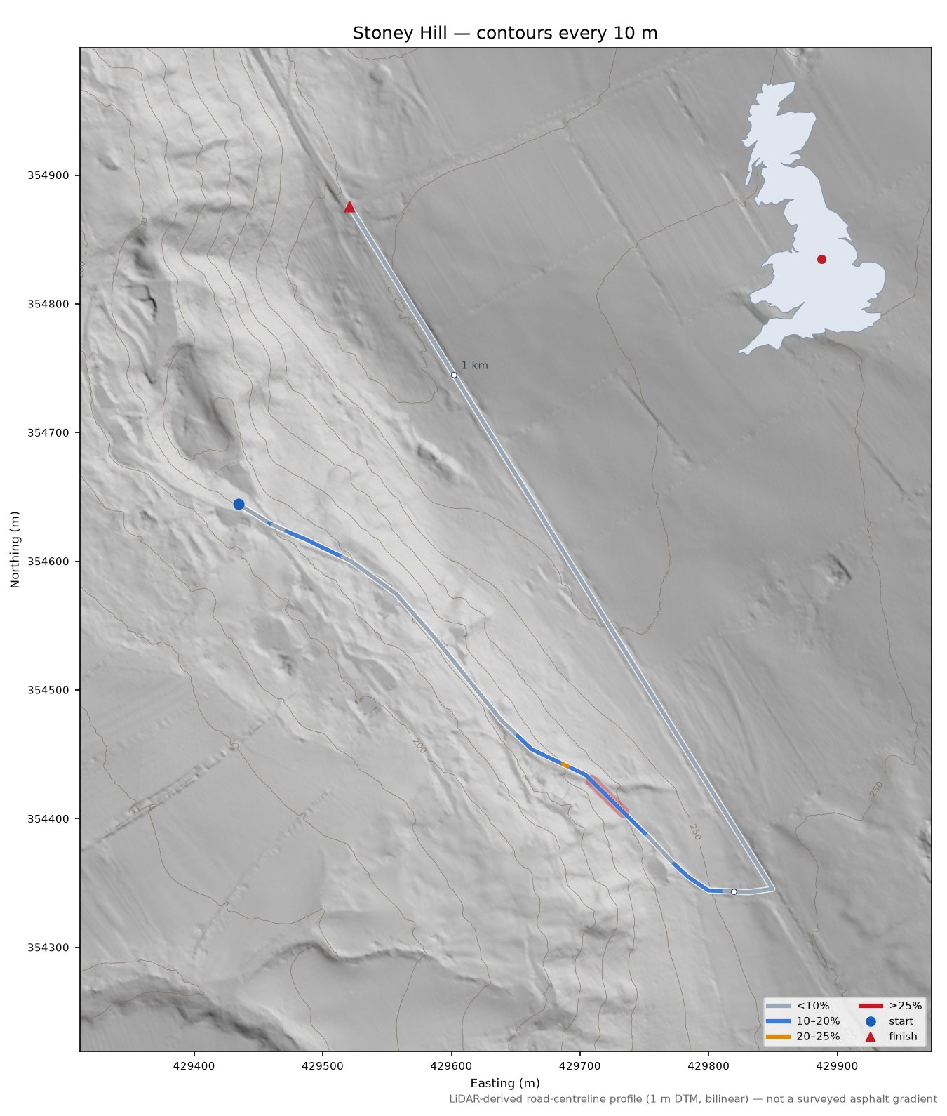 Stoney Hill LiDAR hillshade map with contours