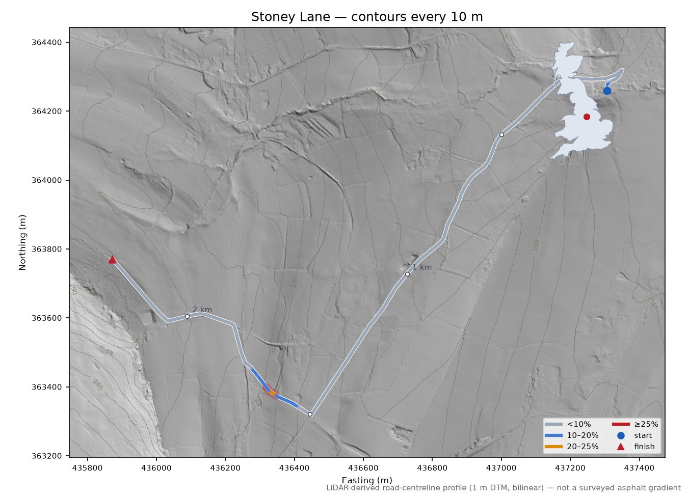Stoney Lane LiDAR hillshade map with contours