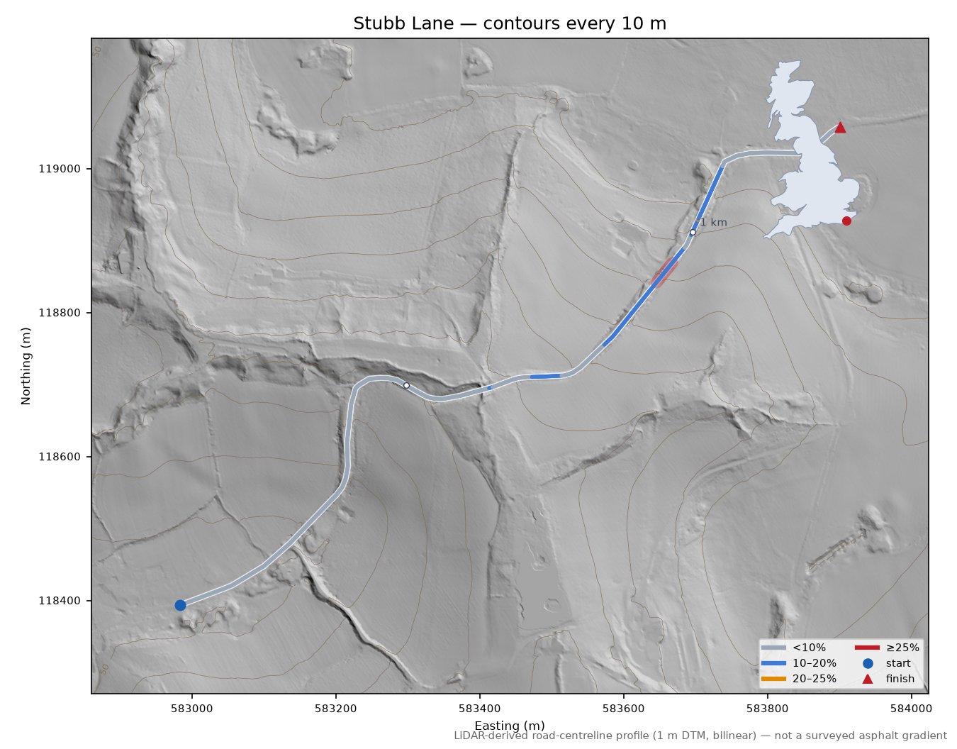 Stubb Lane LiDAR hillshade map with contours
