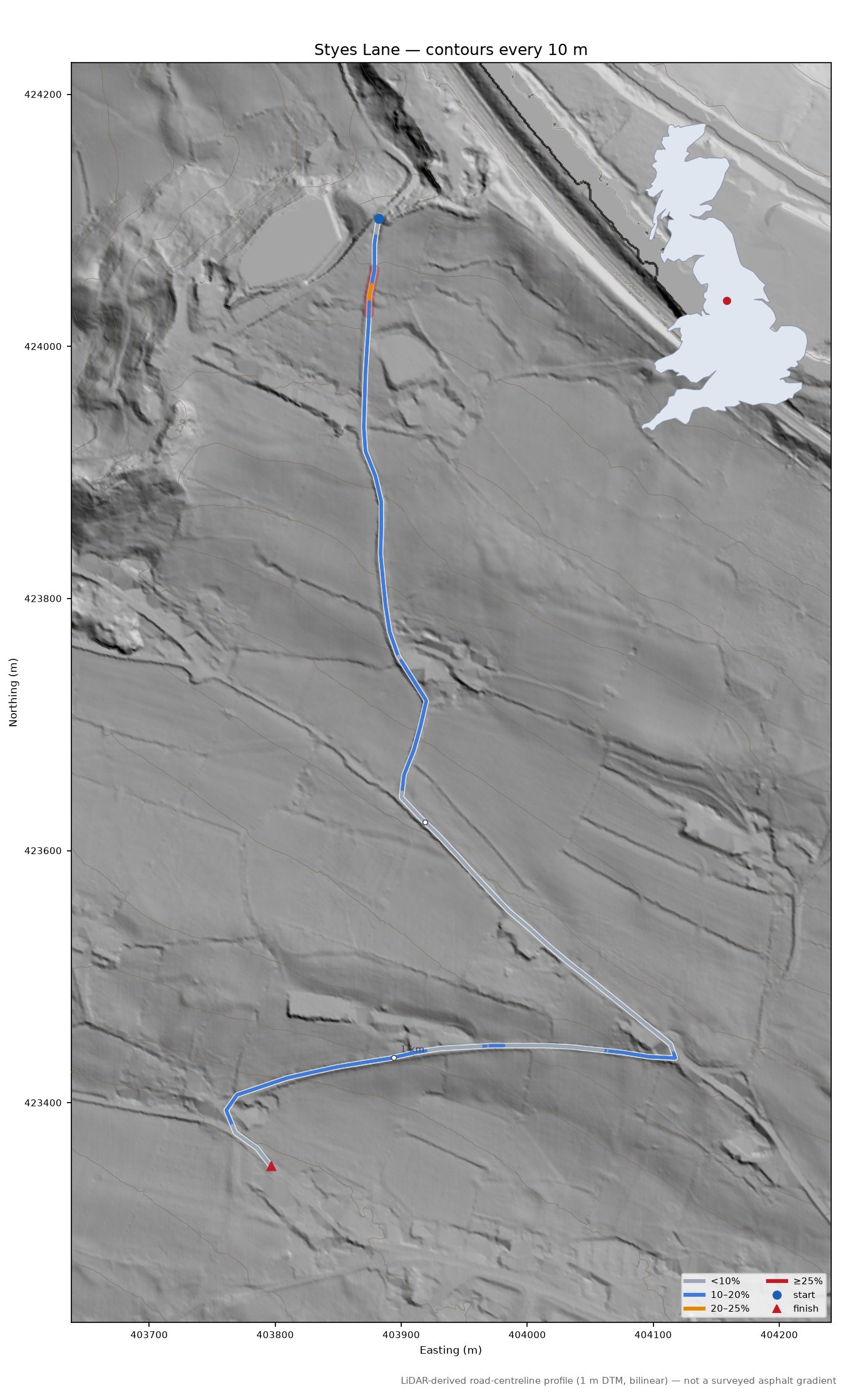 Styes Lane LiDAR hillshade map with contours