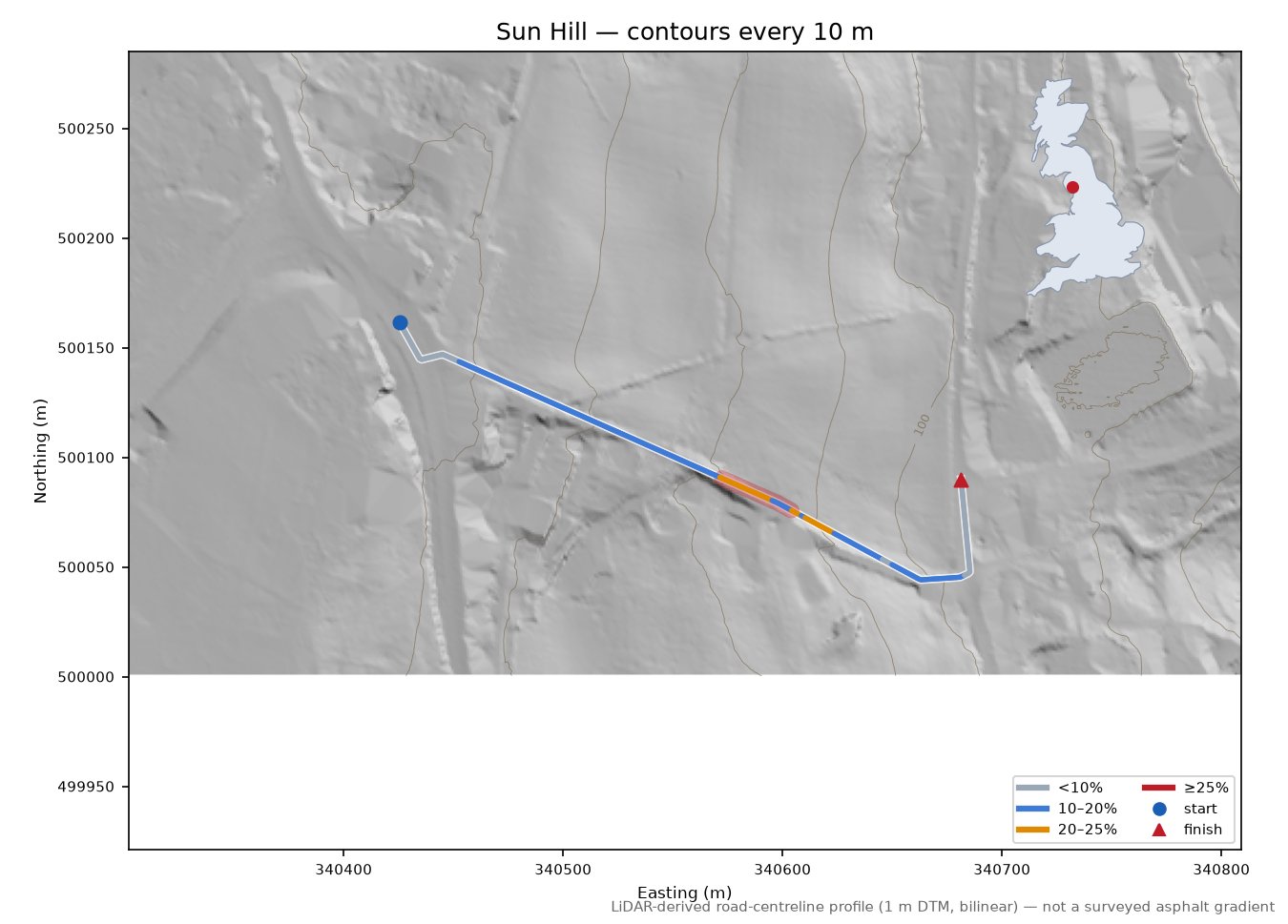 Sun Hill LiDAR hillshade map with contours