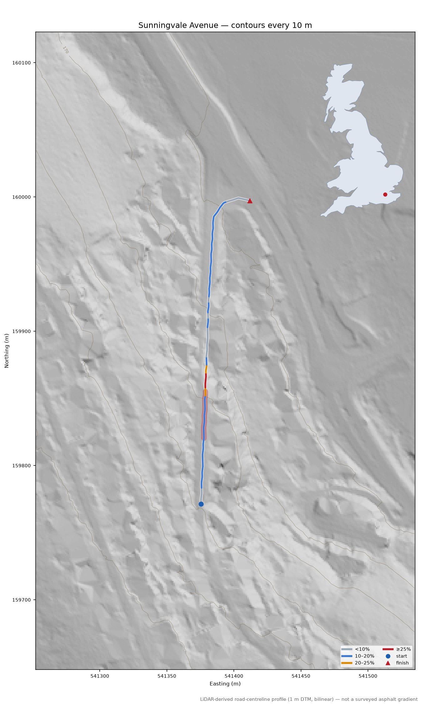 Sunningvale Avenue LiDAR hillshade map with contours
