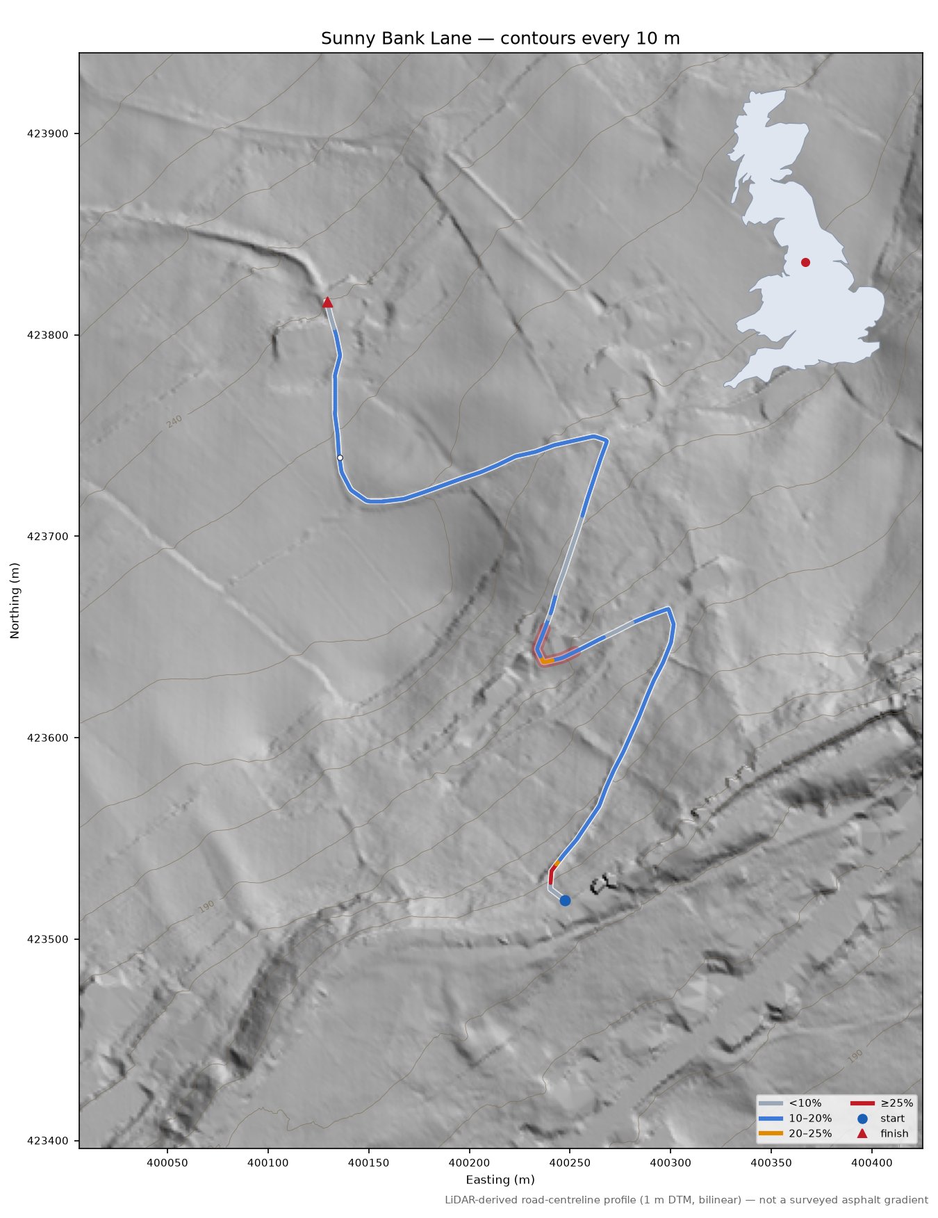Sunny Bank Lane LiDAR hillshade map with contours
