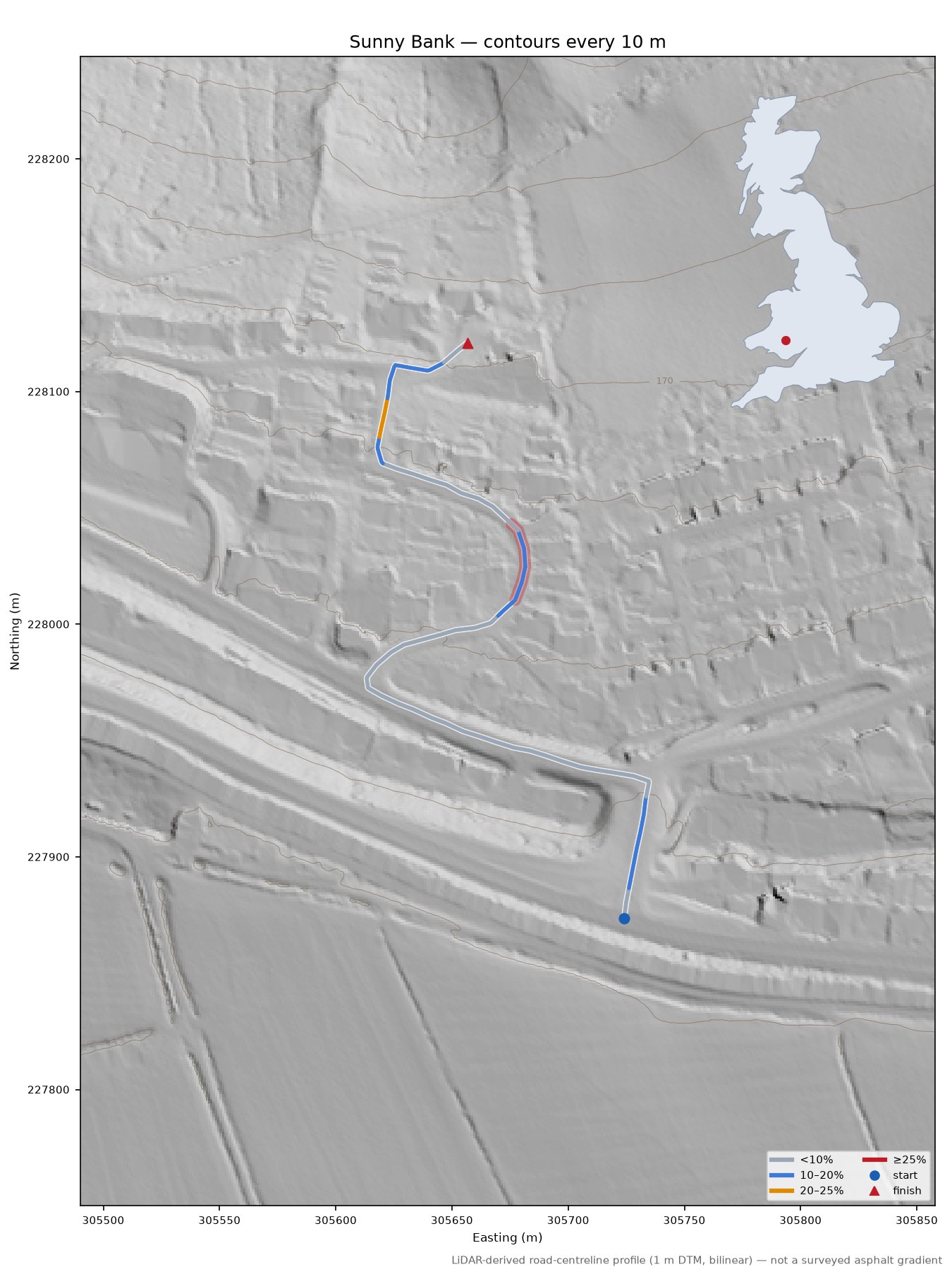 Sunny Bank LiDAR hillshade map with contours