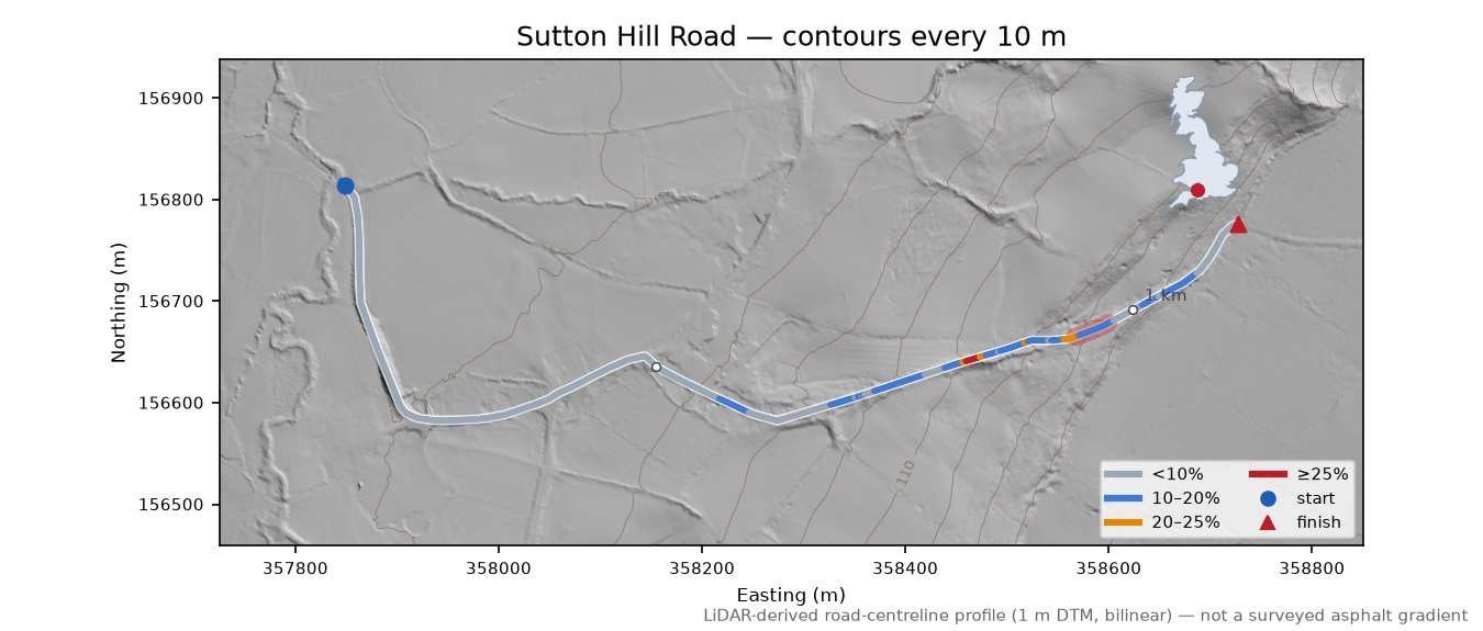 Sutton Hill Road LiDAR hillshade map with contours