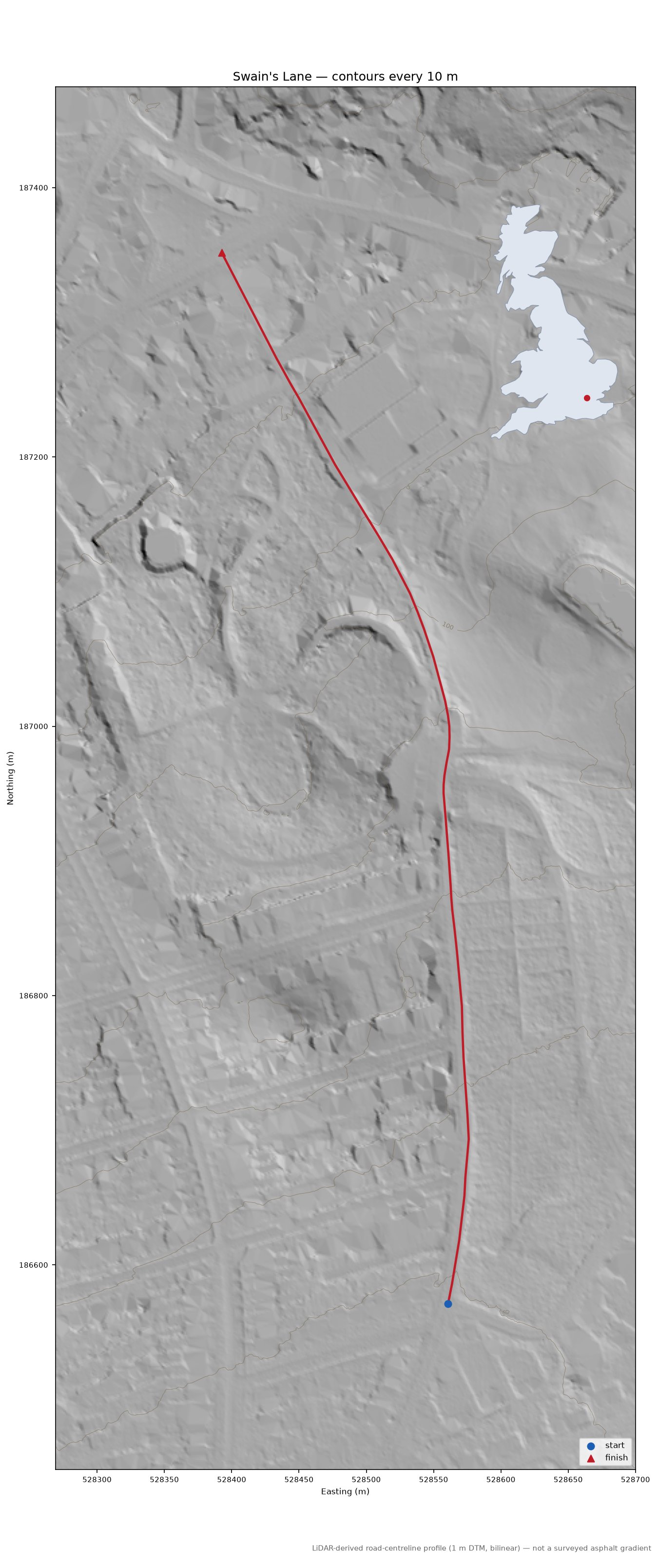 Swain's Lane LiDAR hillshade map with contours