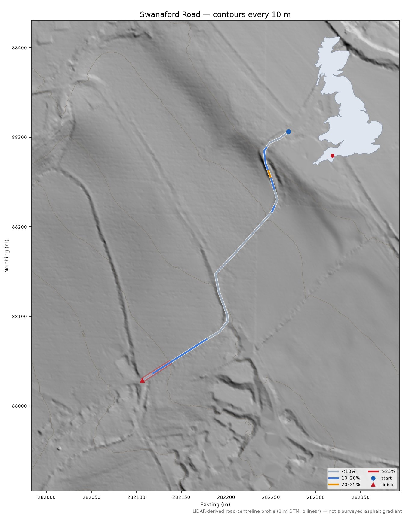 Swanaford Road LiDAR hillshade map with contours