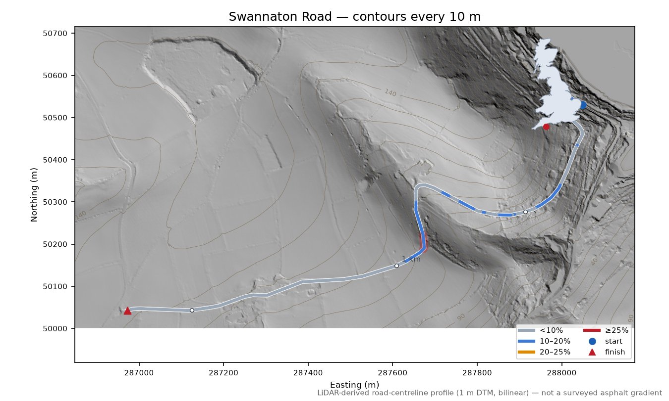 Swannaton Road LiDAR hillshade map with contours