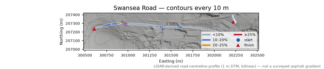 Swansea Road LiDAR hillshade map with contours