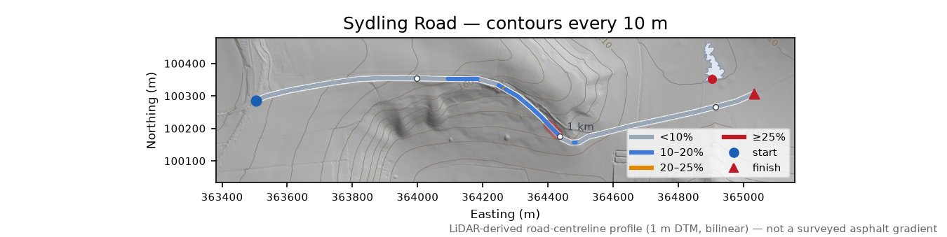 Sydling Road LiDAR hillshade map with contours