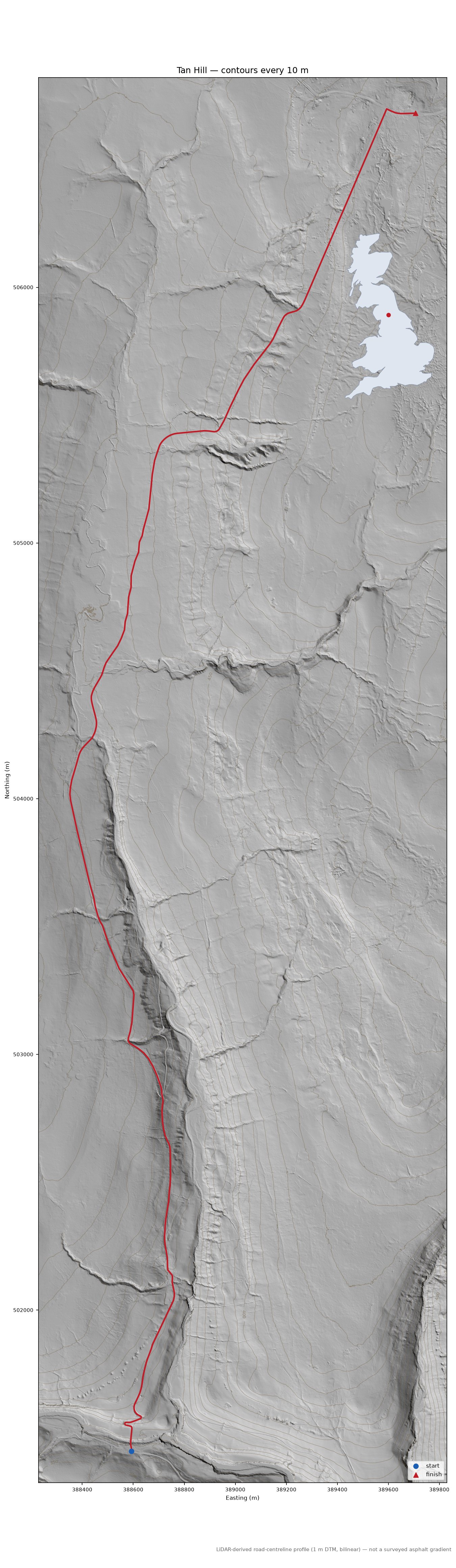 Tan Hill LiDAR hillshade map with contours