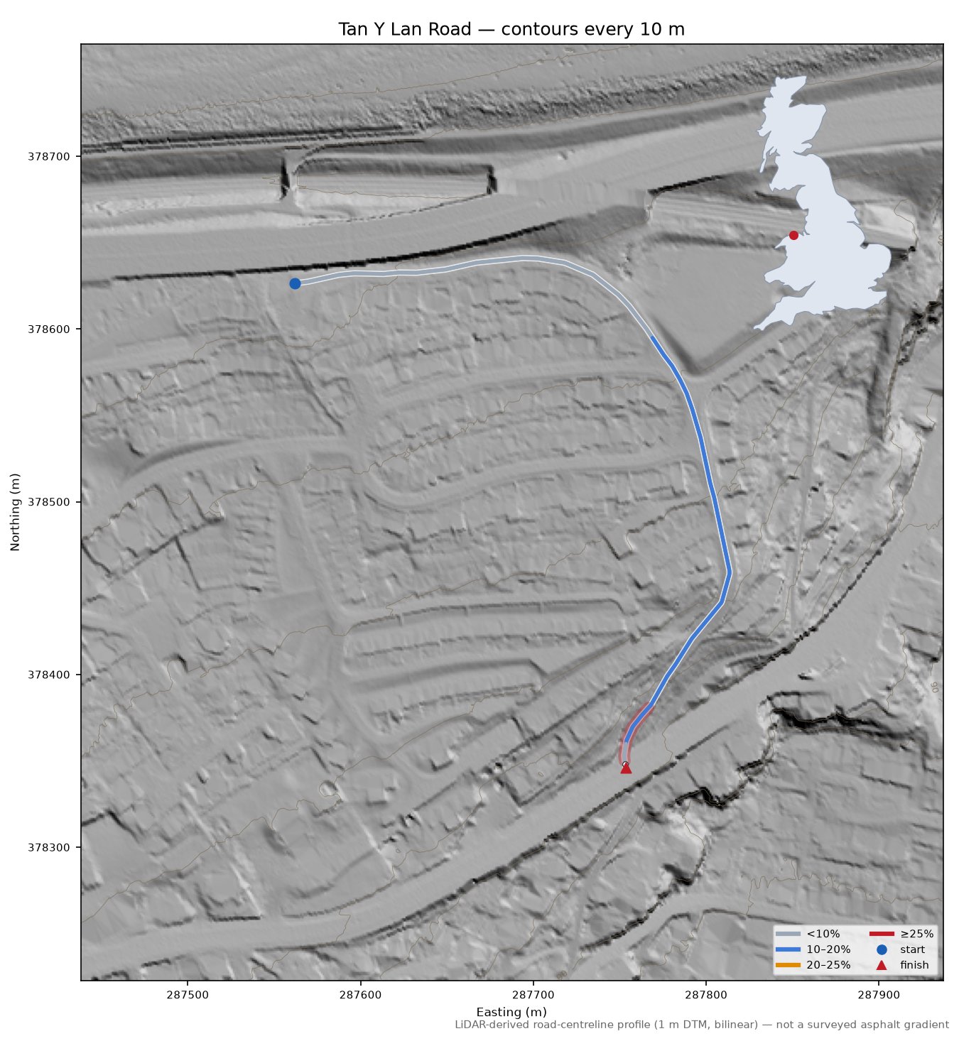 Tan Y Lan Road LiDAR hillshade map with contours