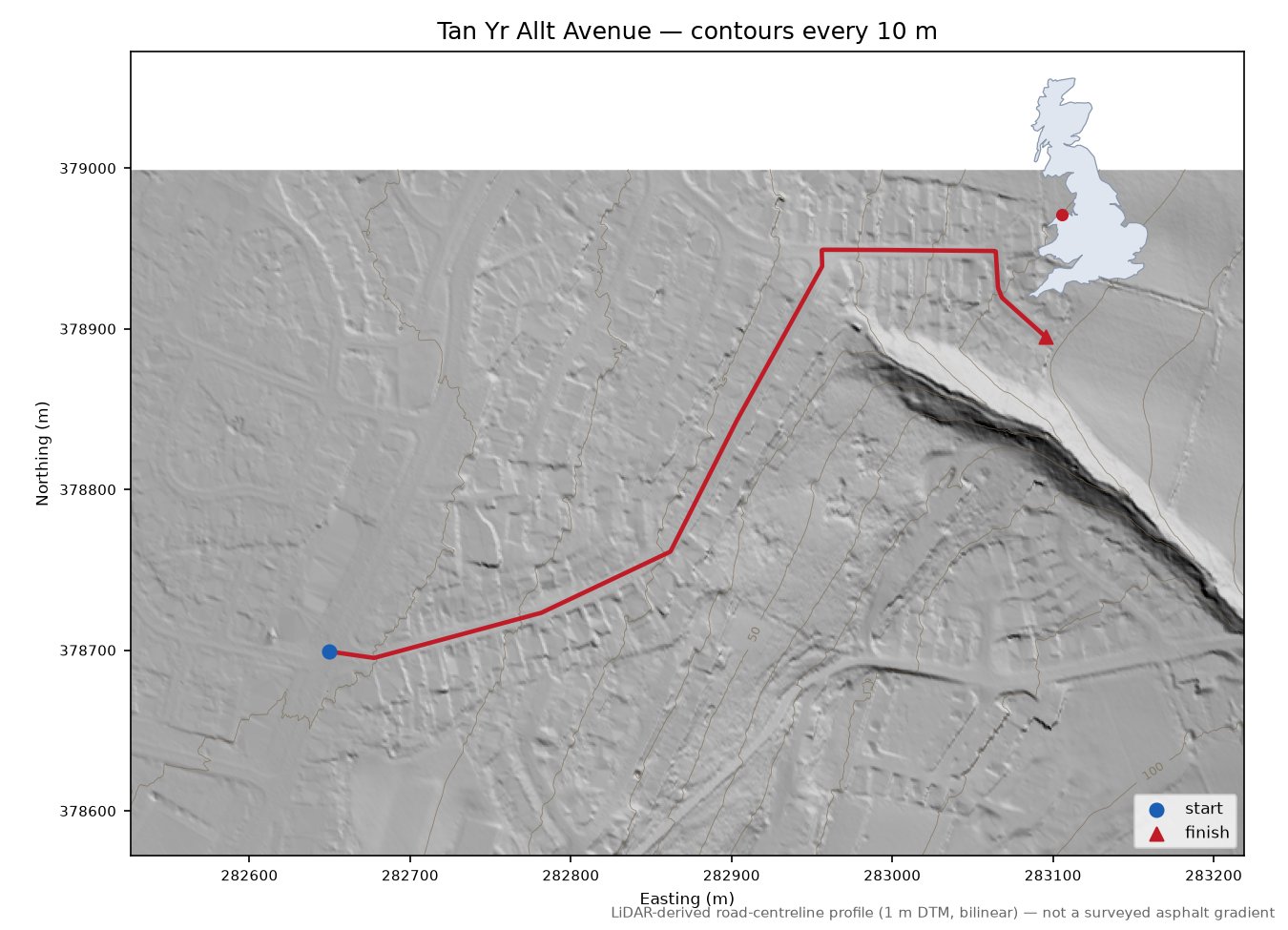 Tan Yr Allt Avenue LiDAR hillshade map with contours