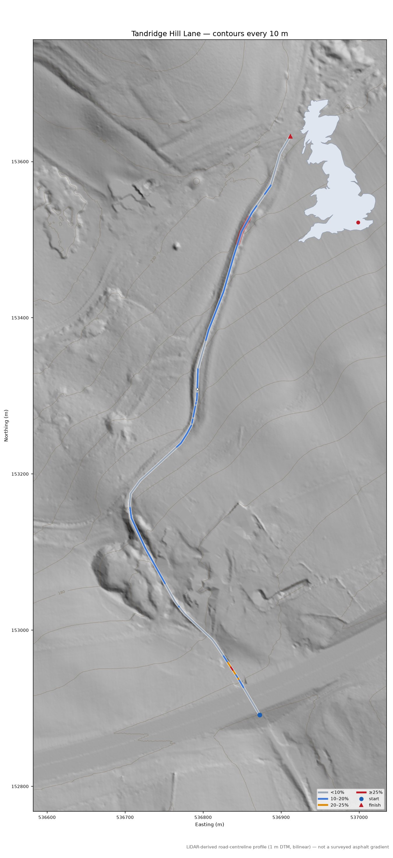 Tandridge Hill Lane LiDAR hillshade map with contours