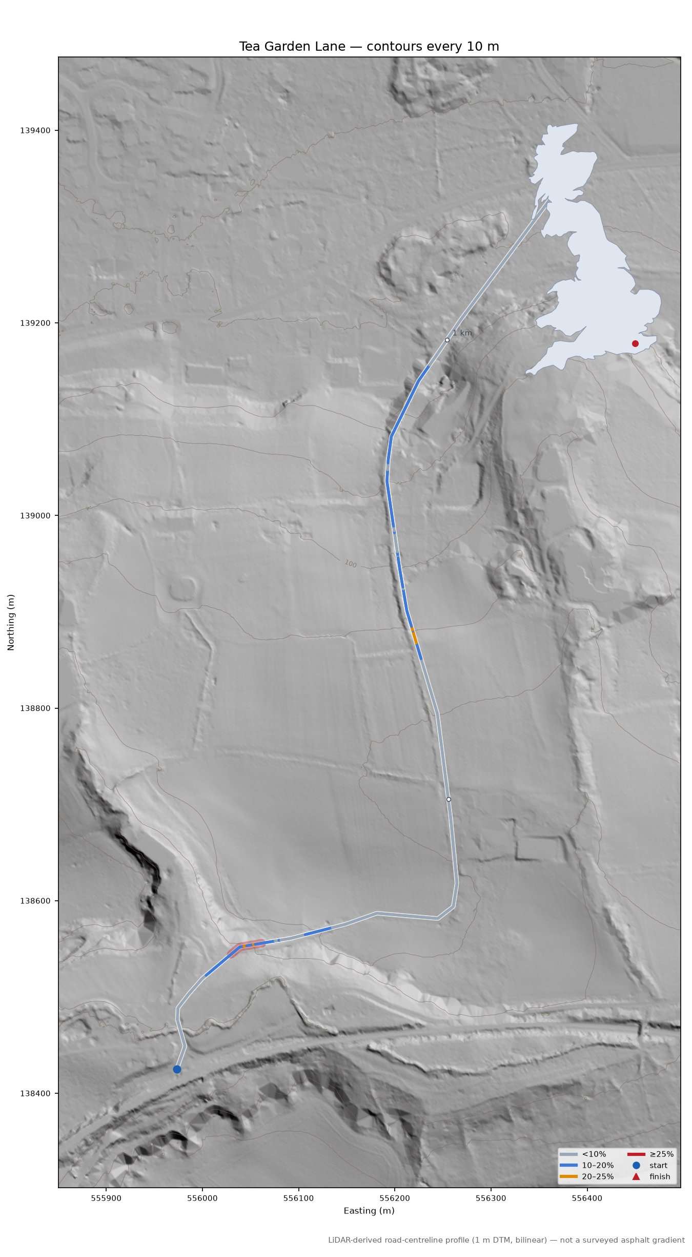 Tea Garden Lane LiDAR hillshade map with contours