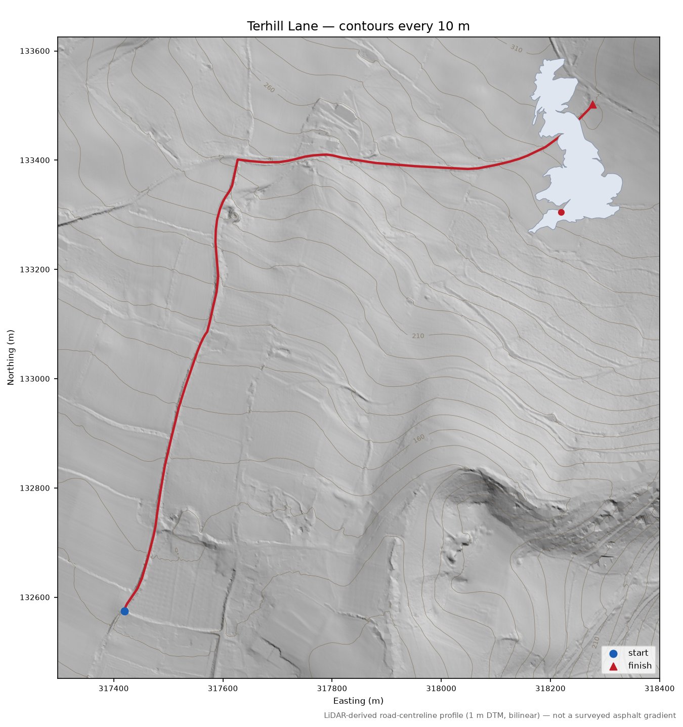 Terhill Lane LiDAR hillshade map with contours