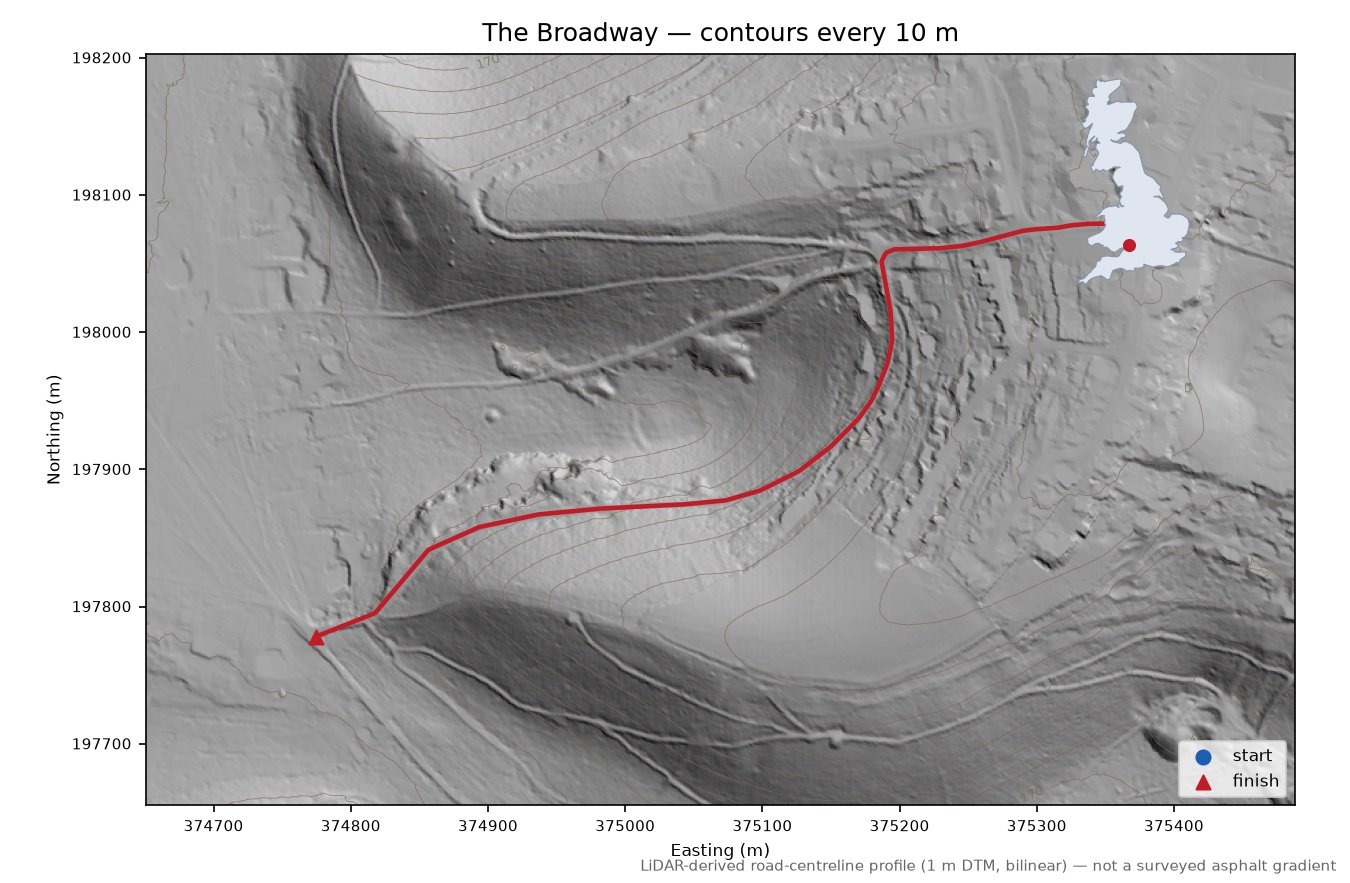 The Broadway LiDAR hillshade map with contours
