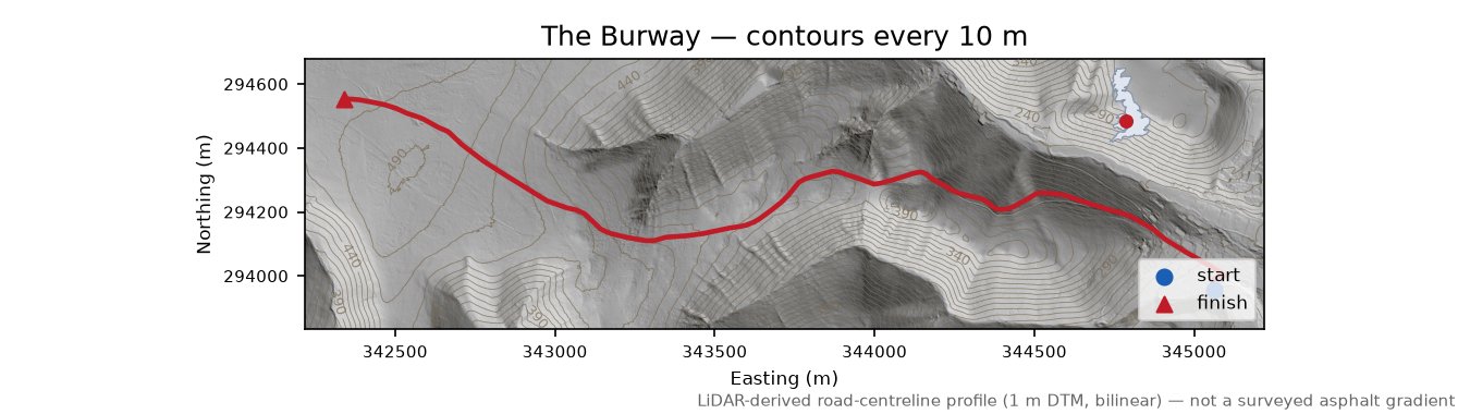 The Burway LiDAR hillshade map with contours
