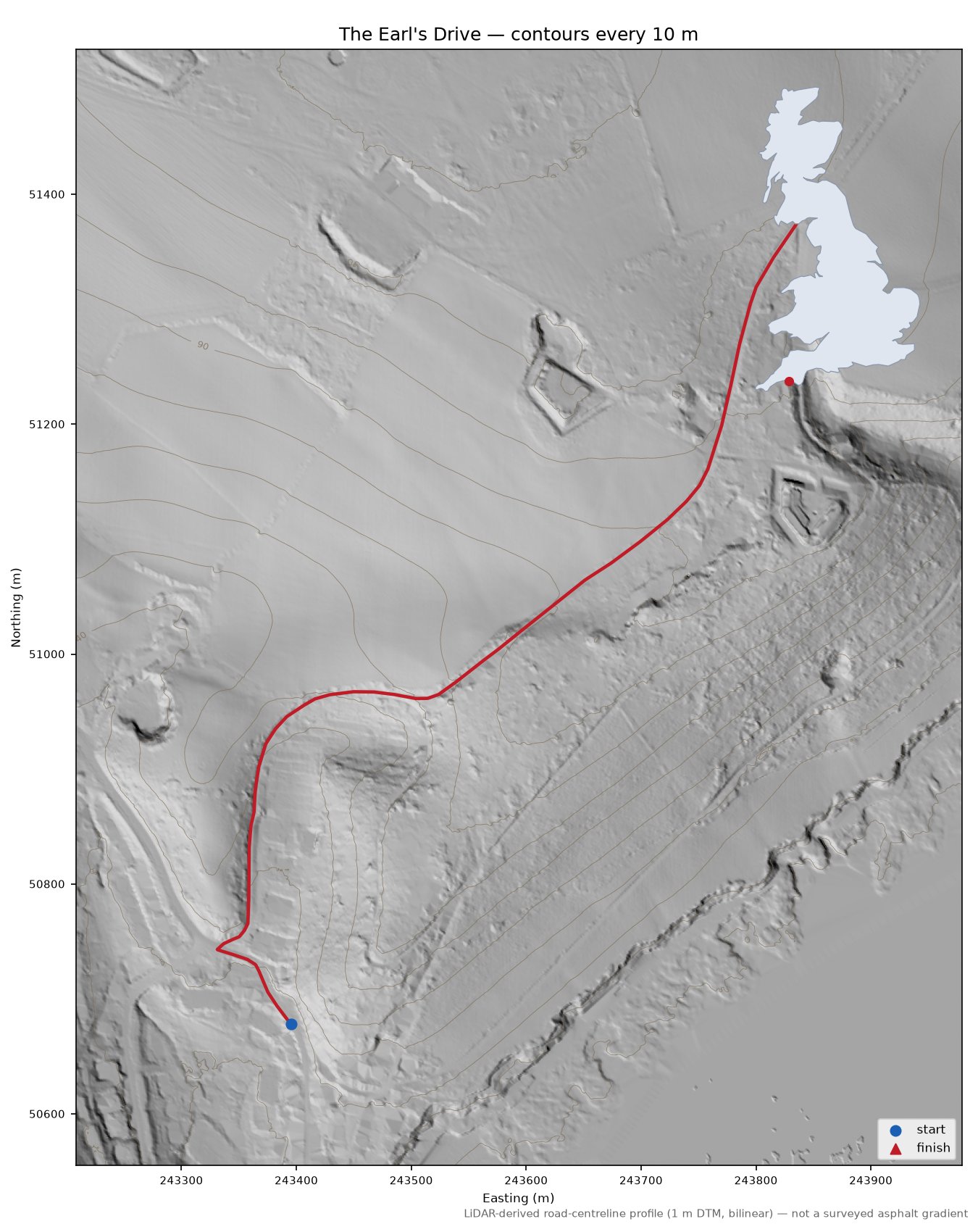 The Earl's Drive LiDAR hillshade map with contours