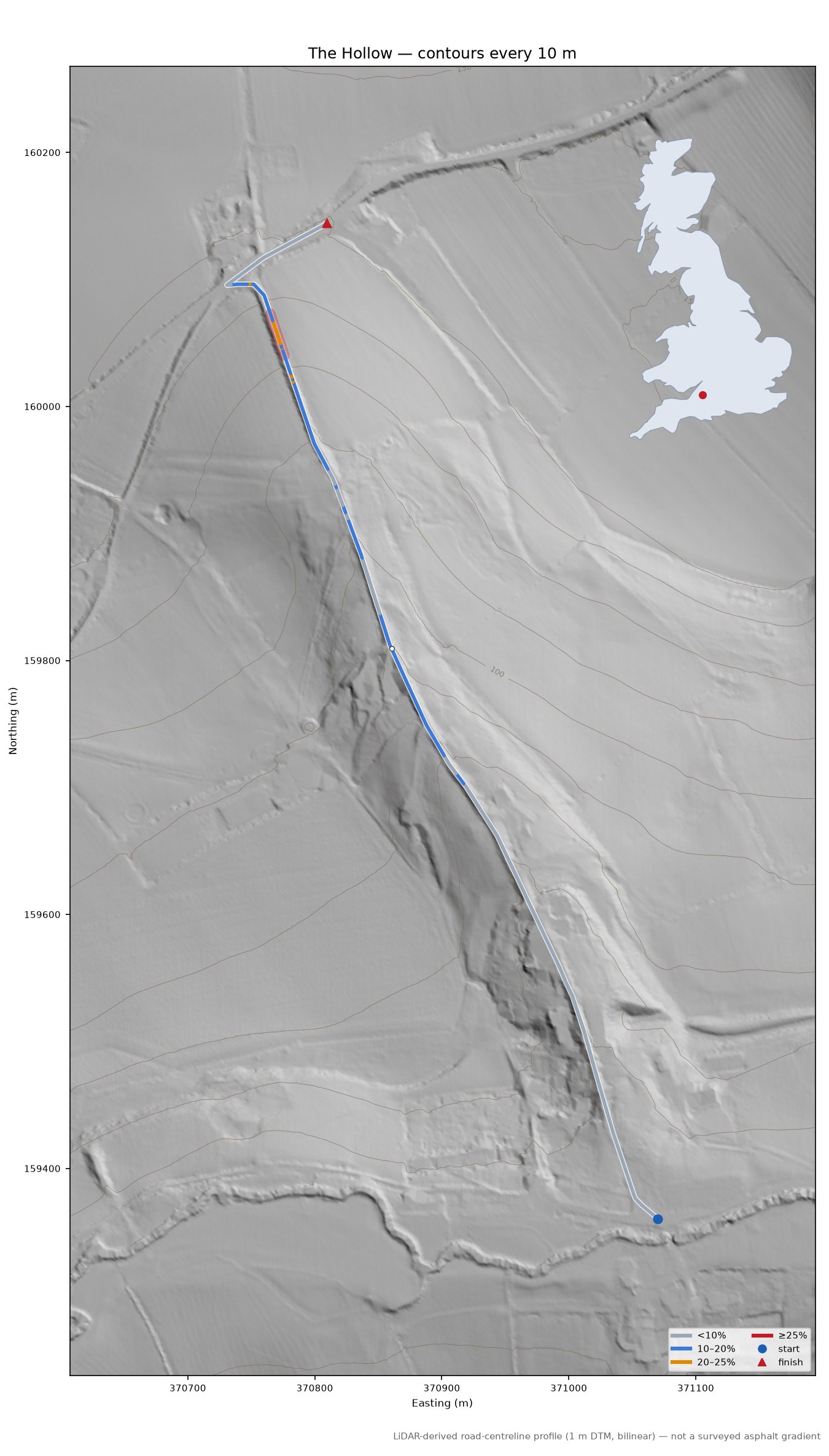 The Hollow LiDAR hillshade map with contours