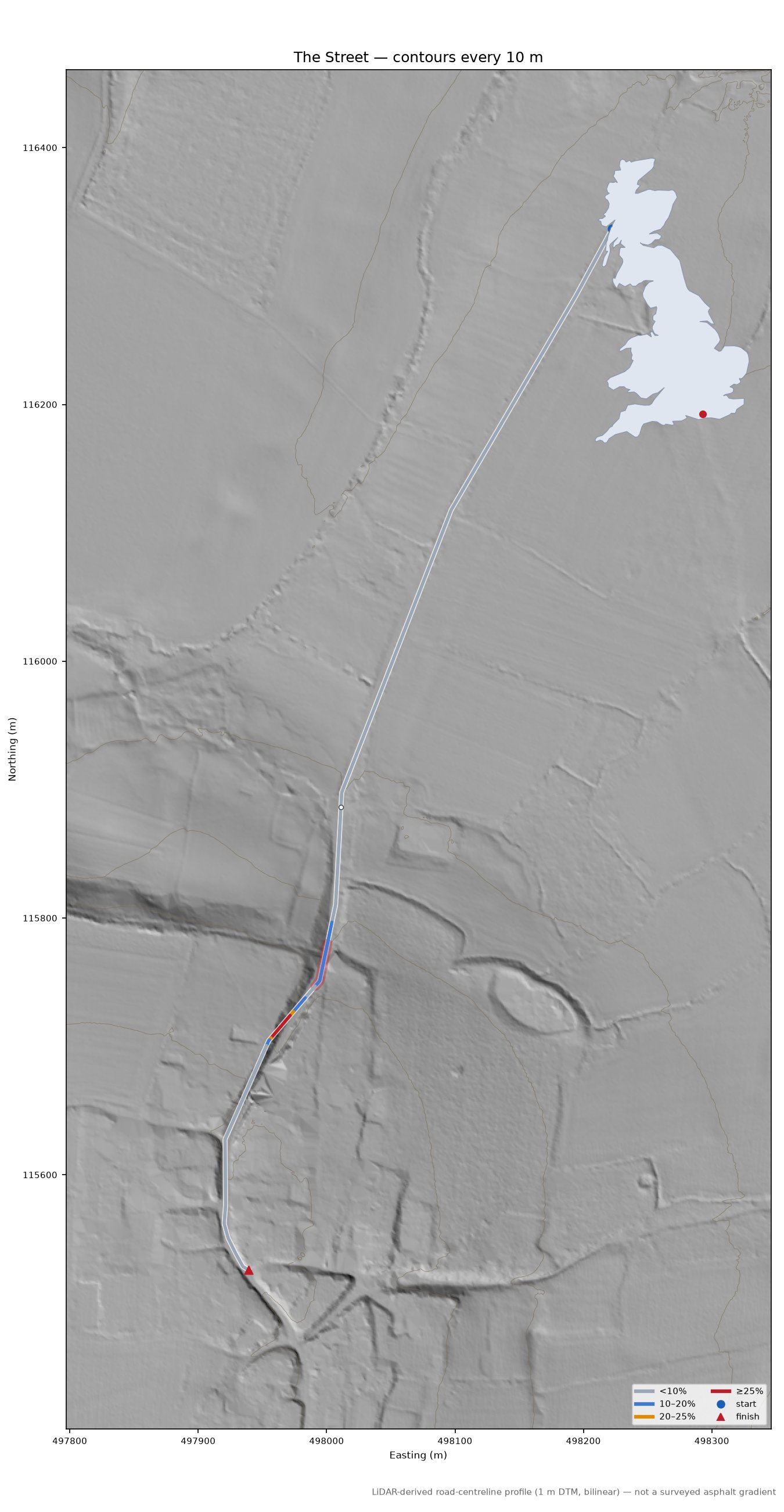 The Street LiDAR hillshade map with contours