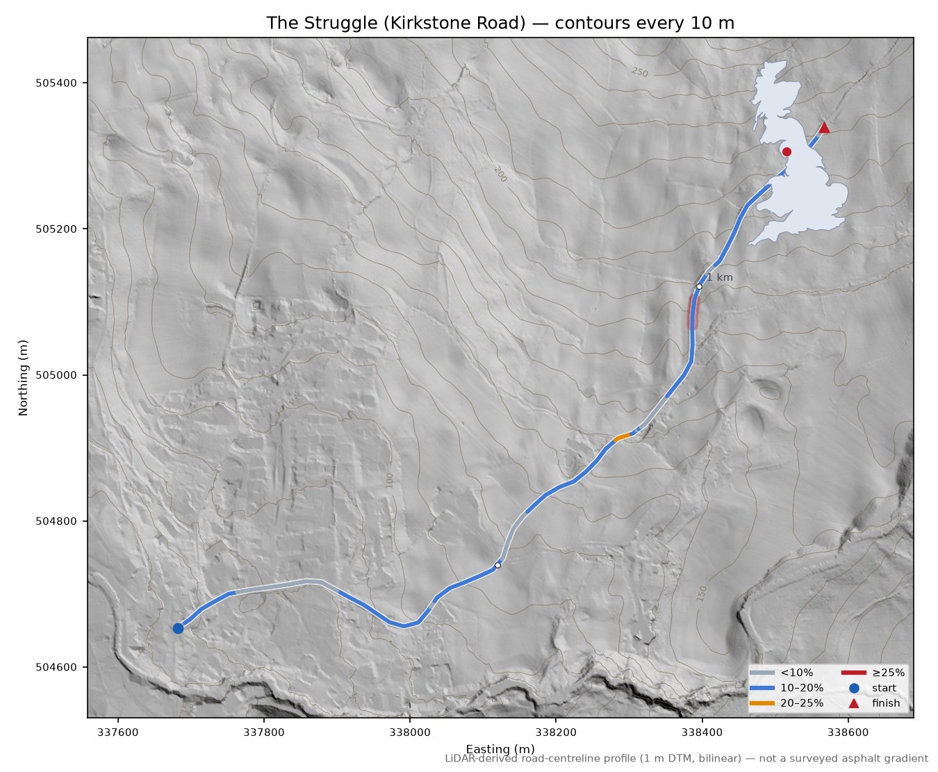 The Struggle (Kirkstone Road) LiDAR hillshade map with contours