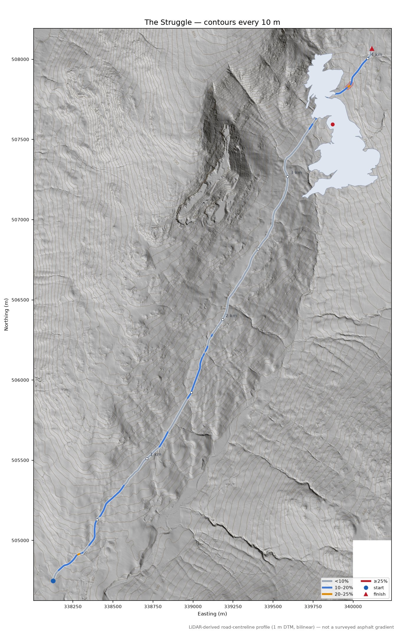 The Struggle LiDAR hillshade map with contours