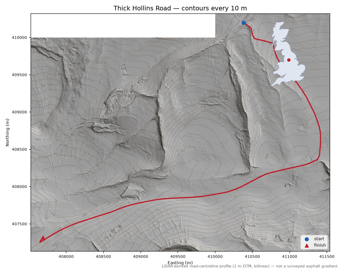 Thick Hollins Road LiDAR hillshade map with contours