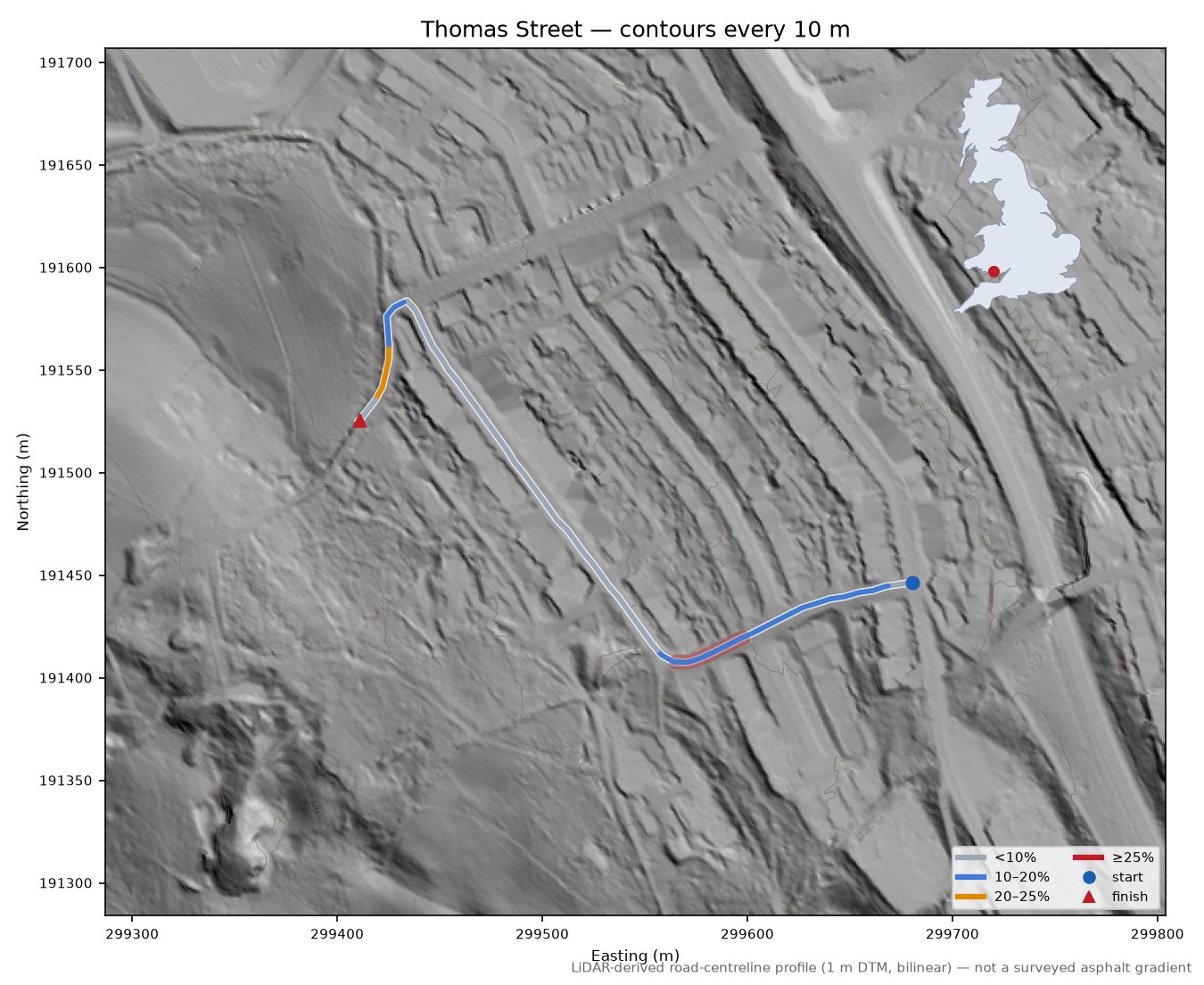 Thomas Street LiDAR hillshade map with contours