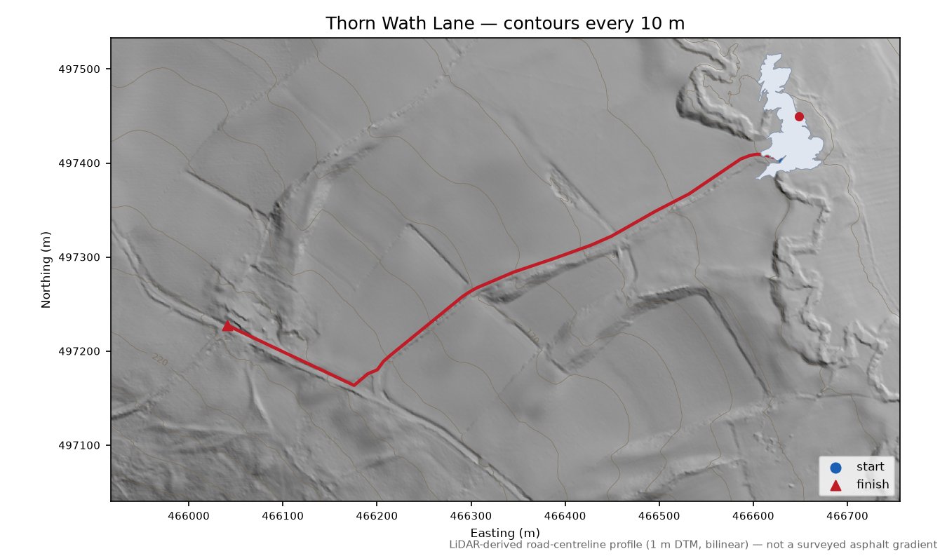 Thorn Wath Lane LiDAR hillshade map with contours