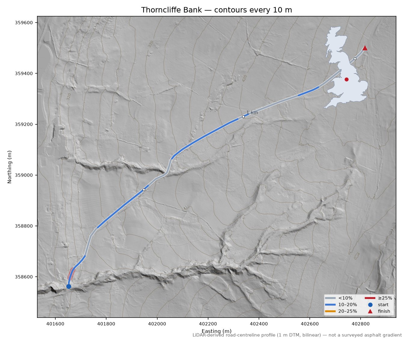 Thorncliffe Bank LiDAR hillshade map with contours
