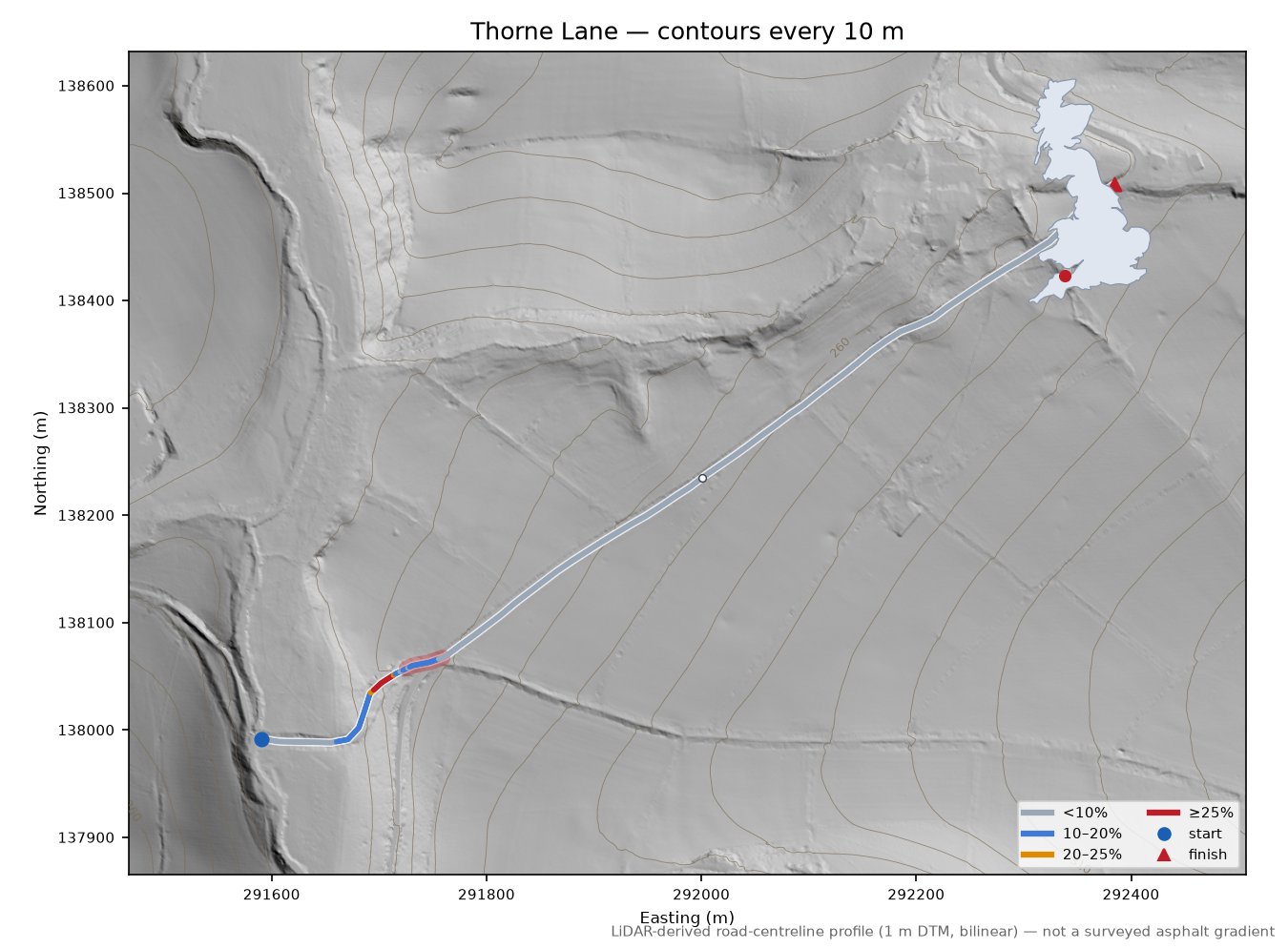 Thorne Lane LiDAR hillshade map with contours