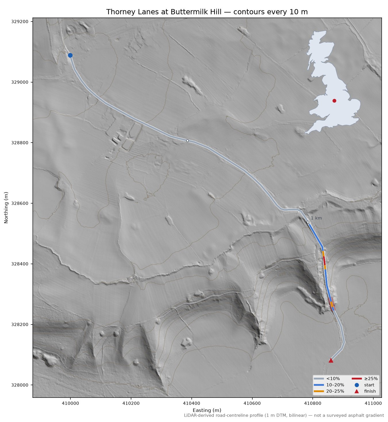 Thorney Lanes at Buttermilk Hill LiDAR hillshade map with contours