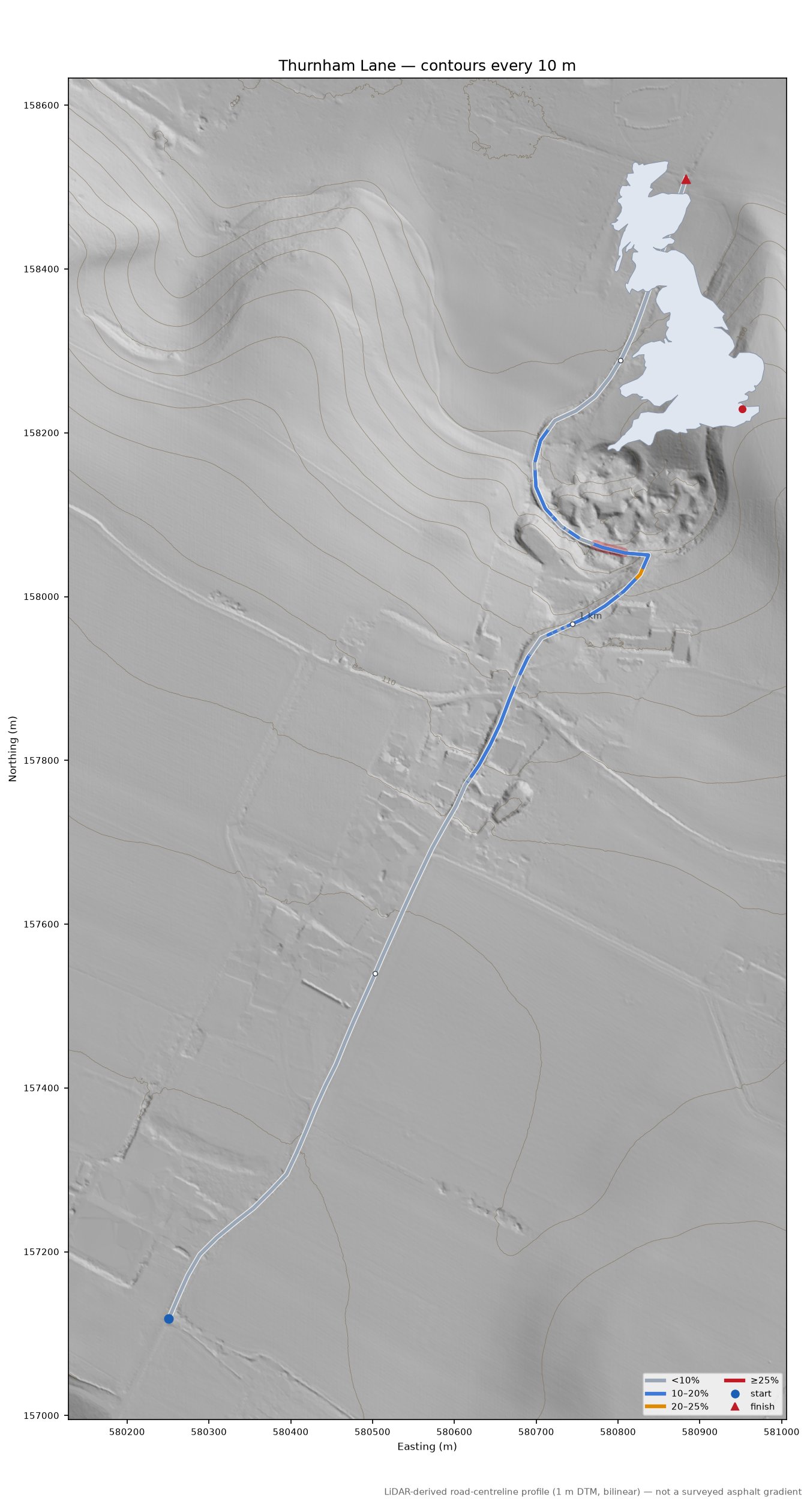 Thurnham Lane LiDAR hillshade map with contours