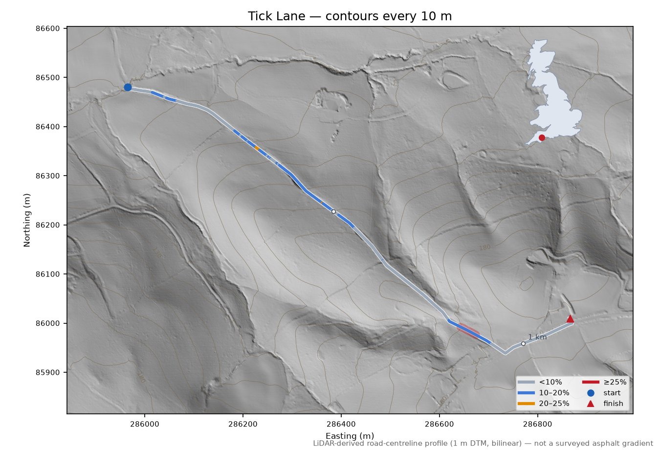 Tick Lane LiDAR hillshade map with contours