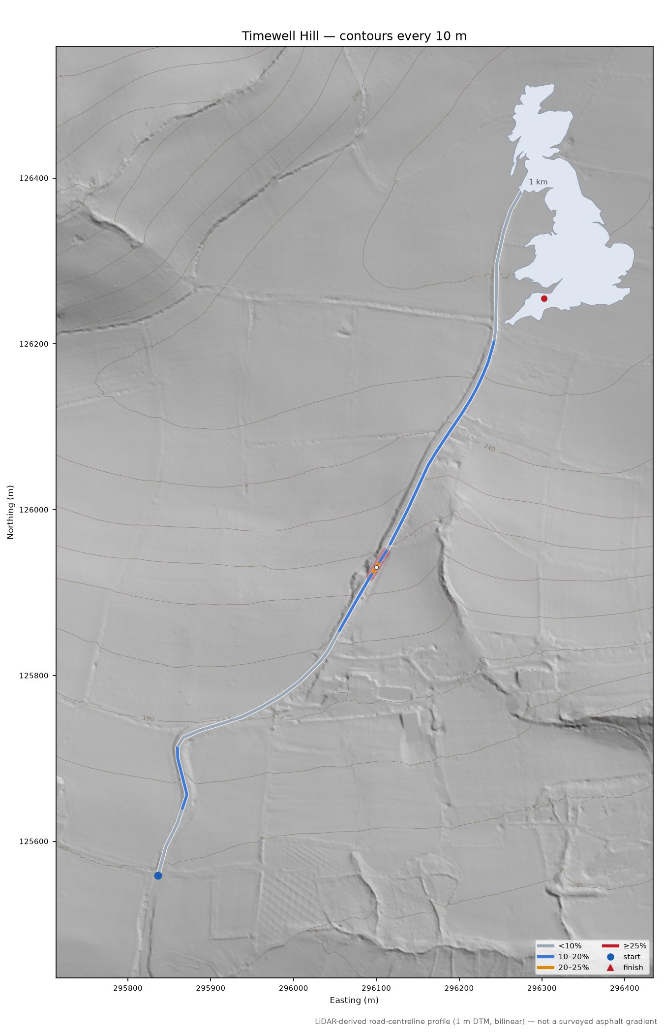 Timewell Hill LiDAR hillshade map with contours