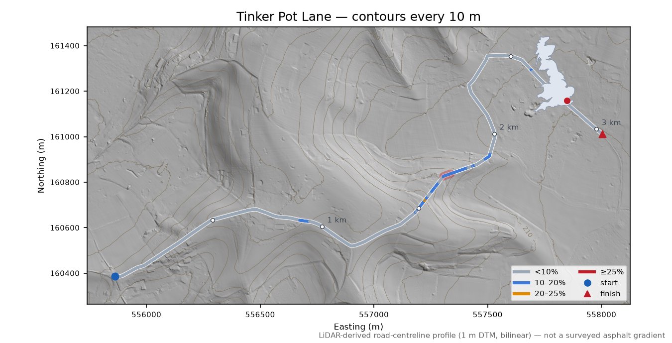 Tinker Pot Lane LiDAR hillshade map with contours