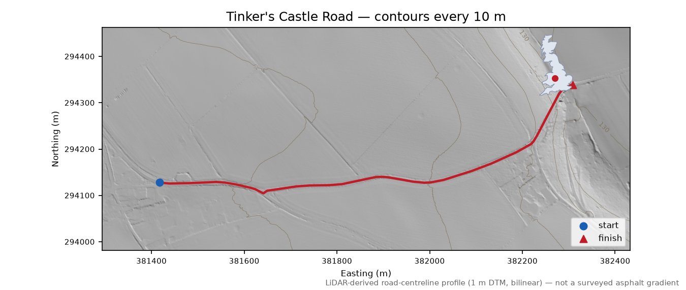 Tinker's Castle Road LiDAR hillshade map with contours