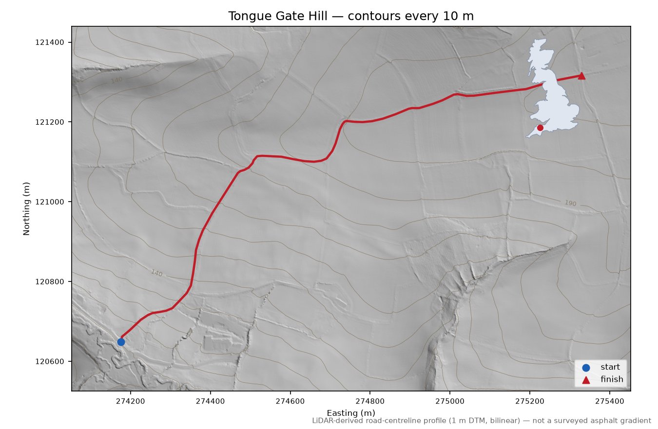 Tongue Gate Hill LiDAR hillshade map with contours