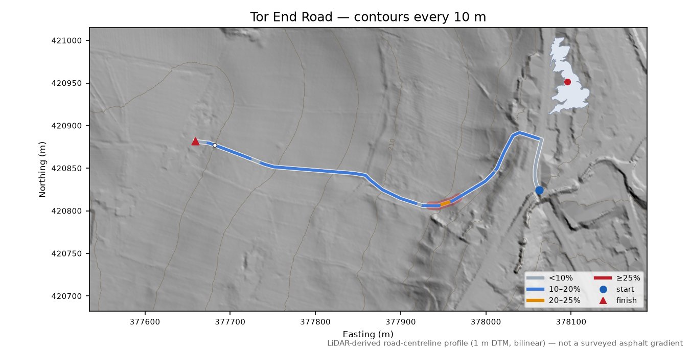 Tor End Road LiDAR hillshade map with contours