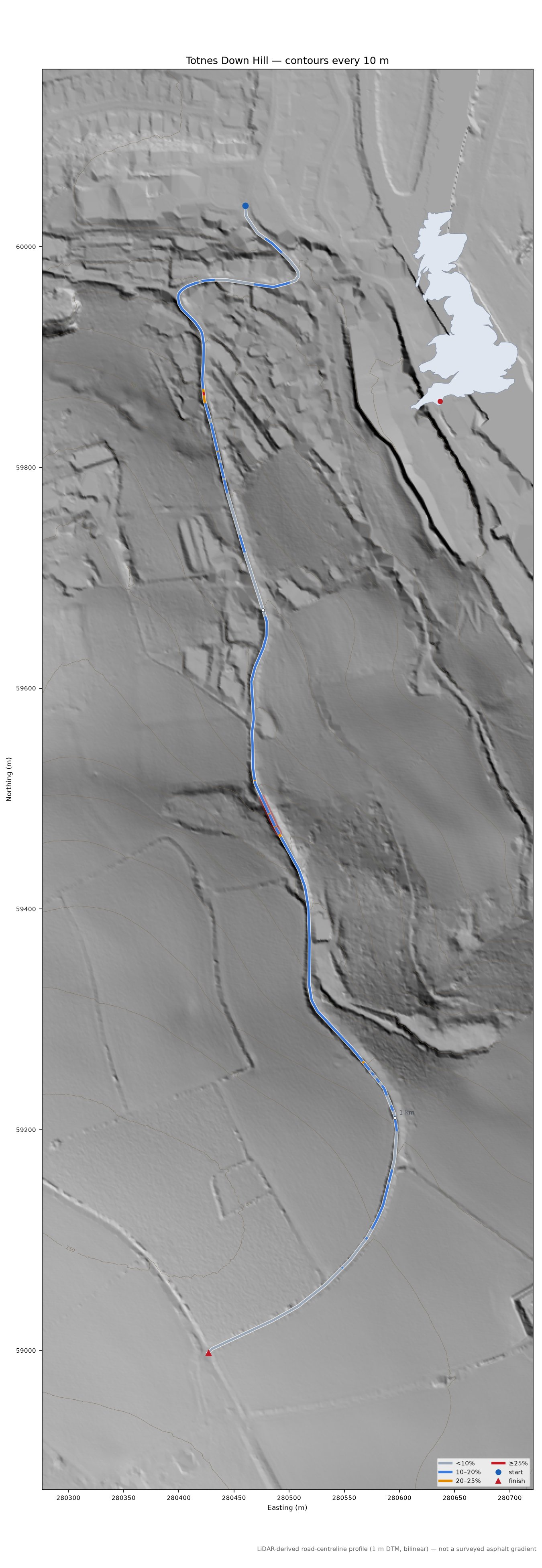 Totnes Down Hill LiDAR hillshade map with contours