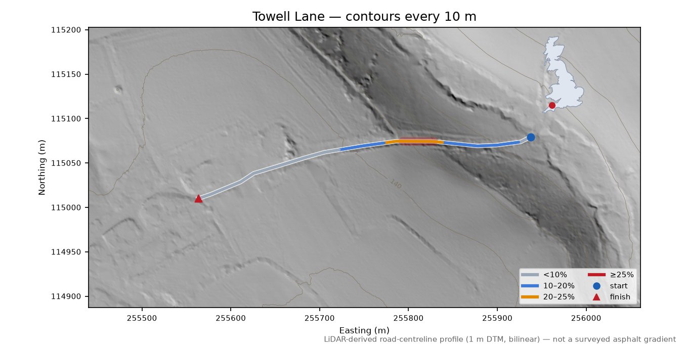 Towell Lane LiDAR hillshade map with contours