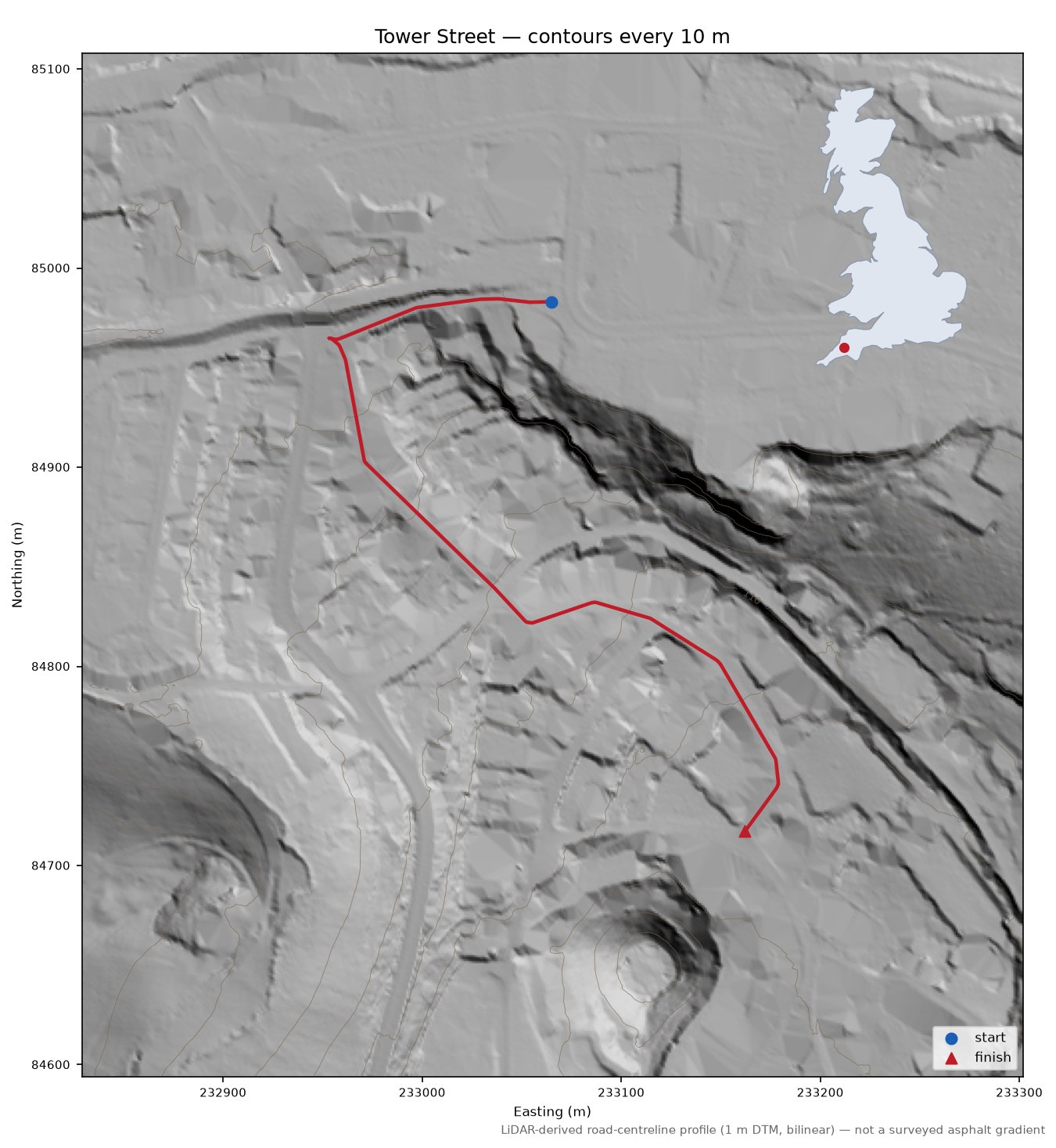 Tower Street LiDAR hillshade map with contours