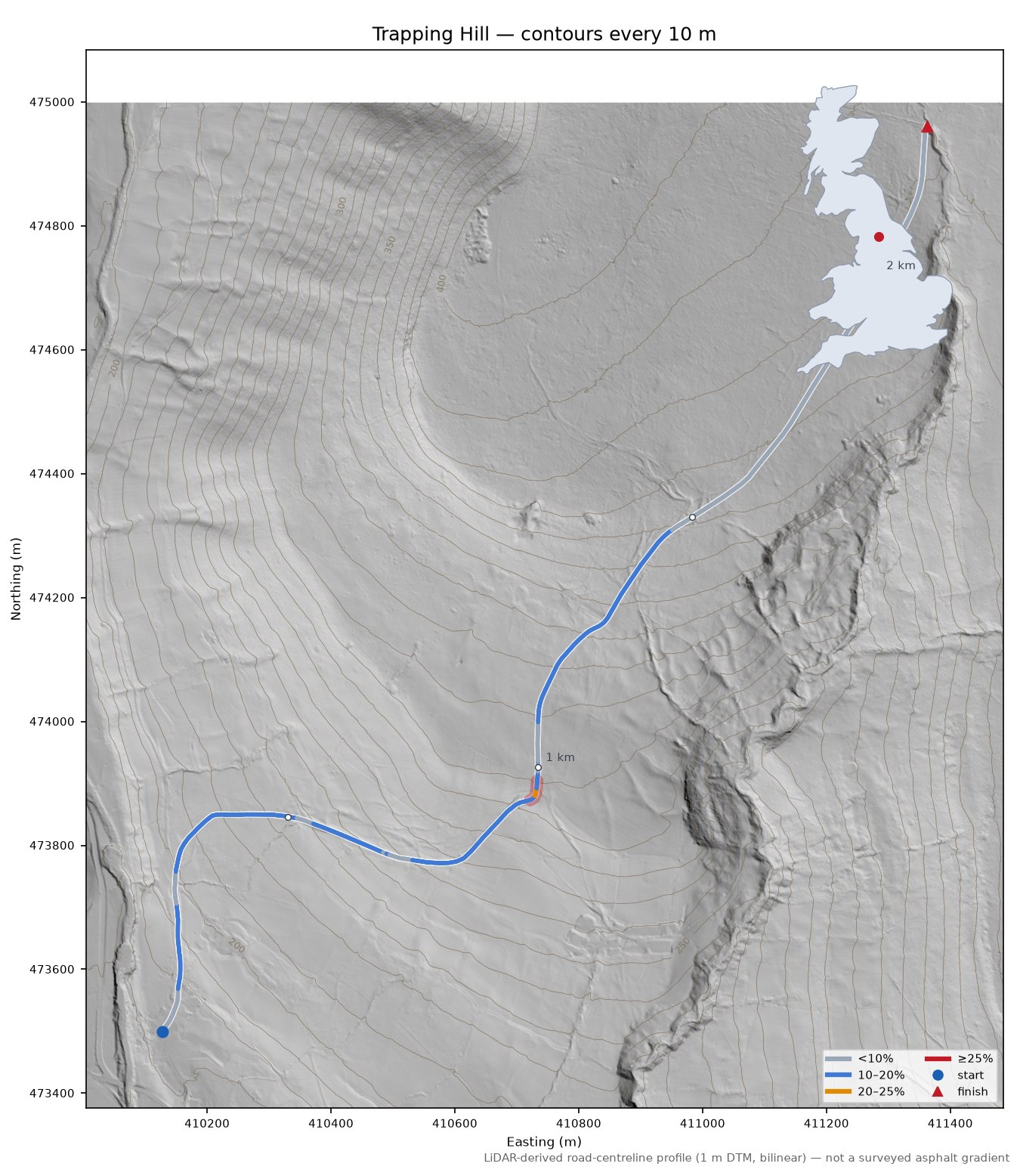 Trapping Hill LiDAR hillshade map with contours